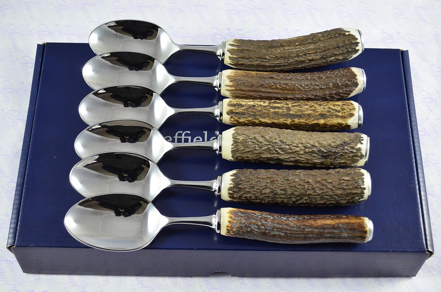 Six New Genuine Stag/Antler Handle Dessert Spoons Boxed Made in Sheffield England