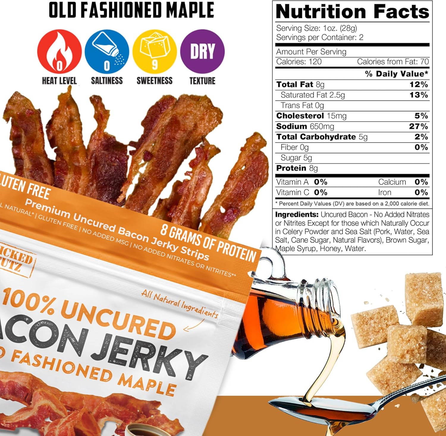 Old Fashed Maple Bacon Jerky, Candied Jerky with Protein Per Bag,