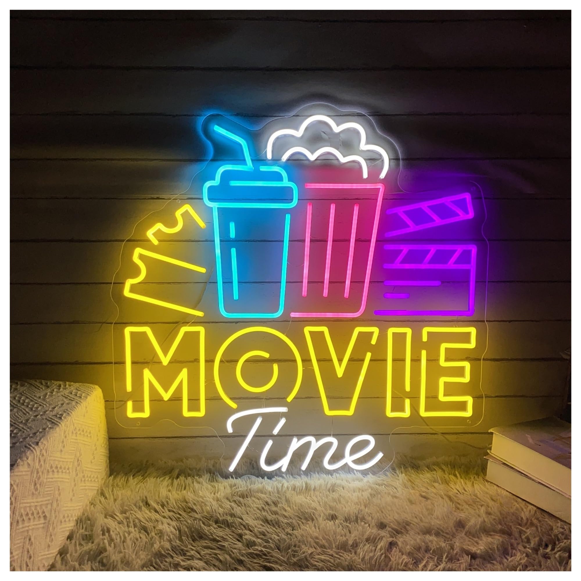 SHOUXI Sign Lamp Movie Time Popcorn Drinks Neon Sign, for Cinema Bar Home Wall Decor Snack Light 50cmx50cm(A)