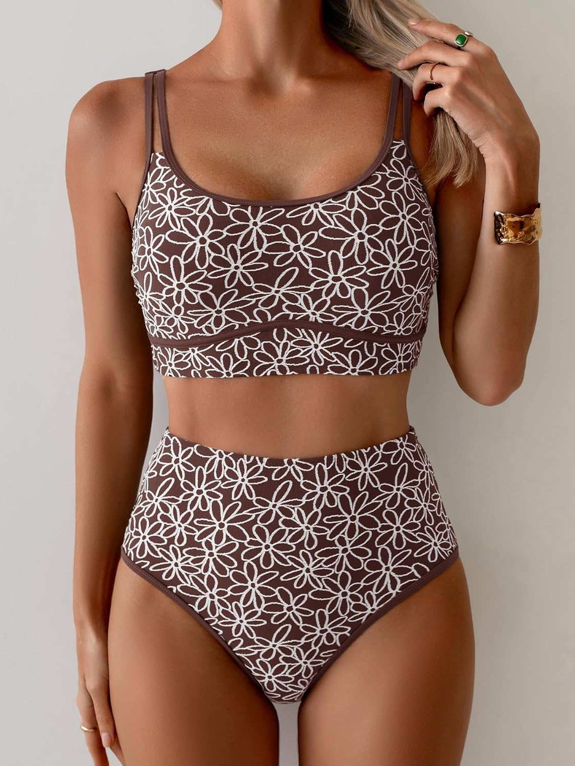 Eomenie Womens Bikini Sets Embroidered Flowers Tummy Control Two Piece Bathing Suit Double Straps Color Block Swimsuit - Image 3