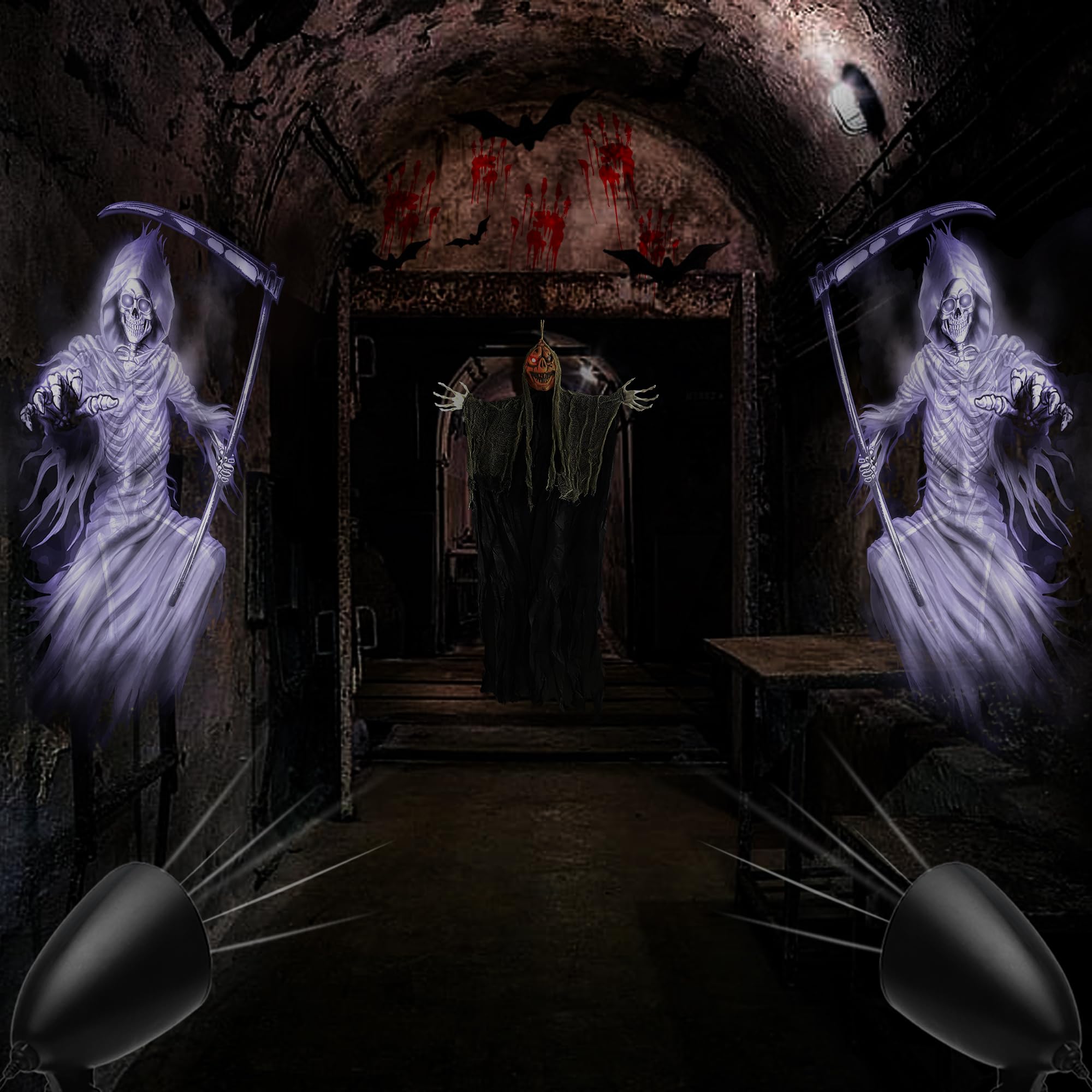 iShabao Projektor 3D Halloween z timerem, LED lampa wodoszczelna, biały ponury żniwiarz, na ścianę, okno, ogrod, podwórze, imprezę
