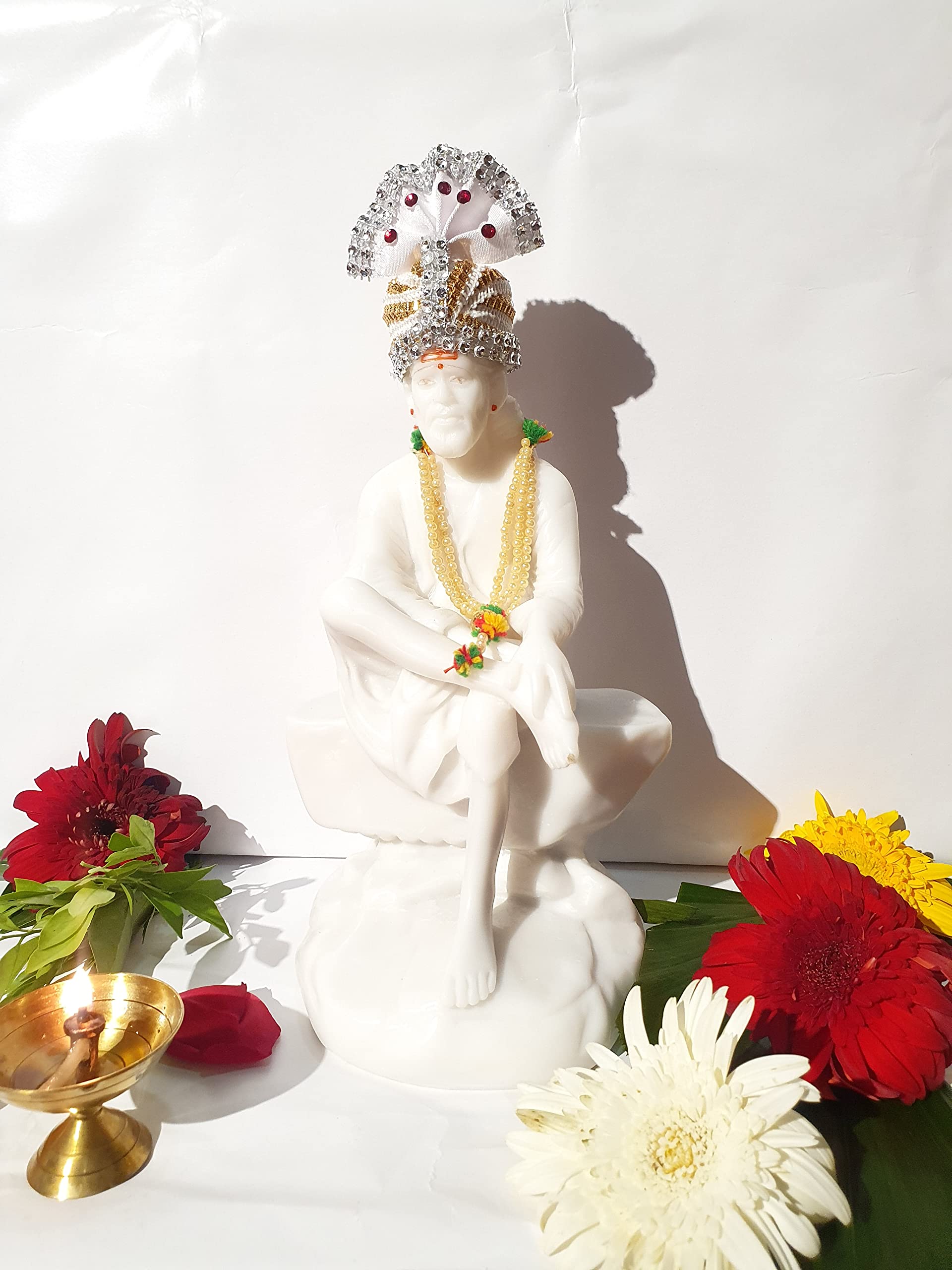 Hemant artSai Baba Marble Pure Resin Shirdi Lord Sai Baba Statue Beautifully Embroidery Work Sai Baba Vastra, Poshak Dress with Pagadi (White Color - 6 .5 Inches)