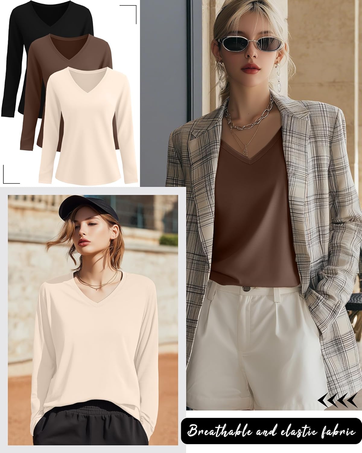 Ficerd 3 Pack Women's Long Sleeve Shirts, V Neck Cotton Blend Tops Loose Fit Casual T-Shirts Curved Hem Basic Layering Tees - Image 2