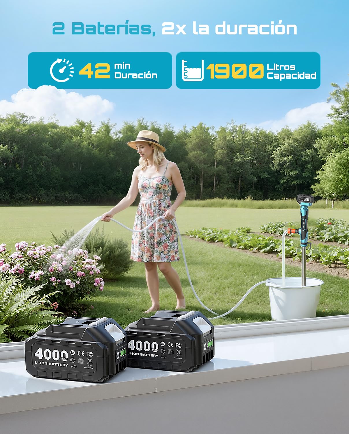 SEESII Kabelloses Stab-Wassertransferpumpe mit Stativ, Freihändige Nutzung | 2725 L/h & 10M Förderhöhe, 2×4.0Ah Akkus, Tragbares Design, für Pool, Bootsbilge, Garten, Regentonnen & Keller