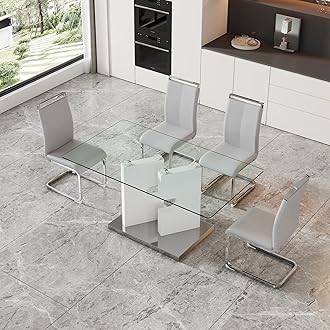 Glass Dining Table Set of 4, 63" Dinner Room Glass Table Set for 4, Modern Kitchen Dinner Table Set with 4 Upholstered Faux Leather Dining Chairs for Living Dining Office Room