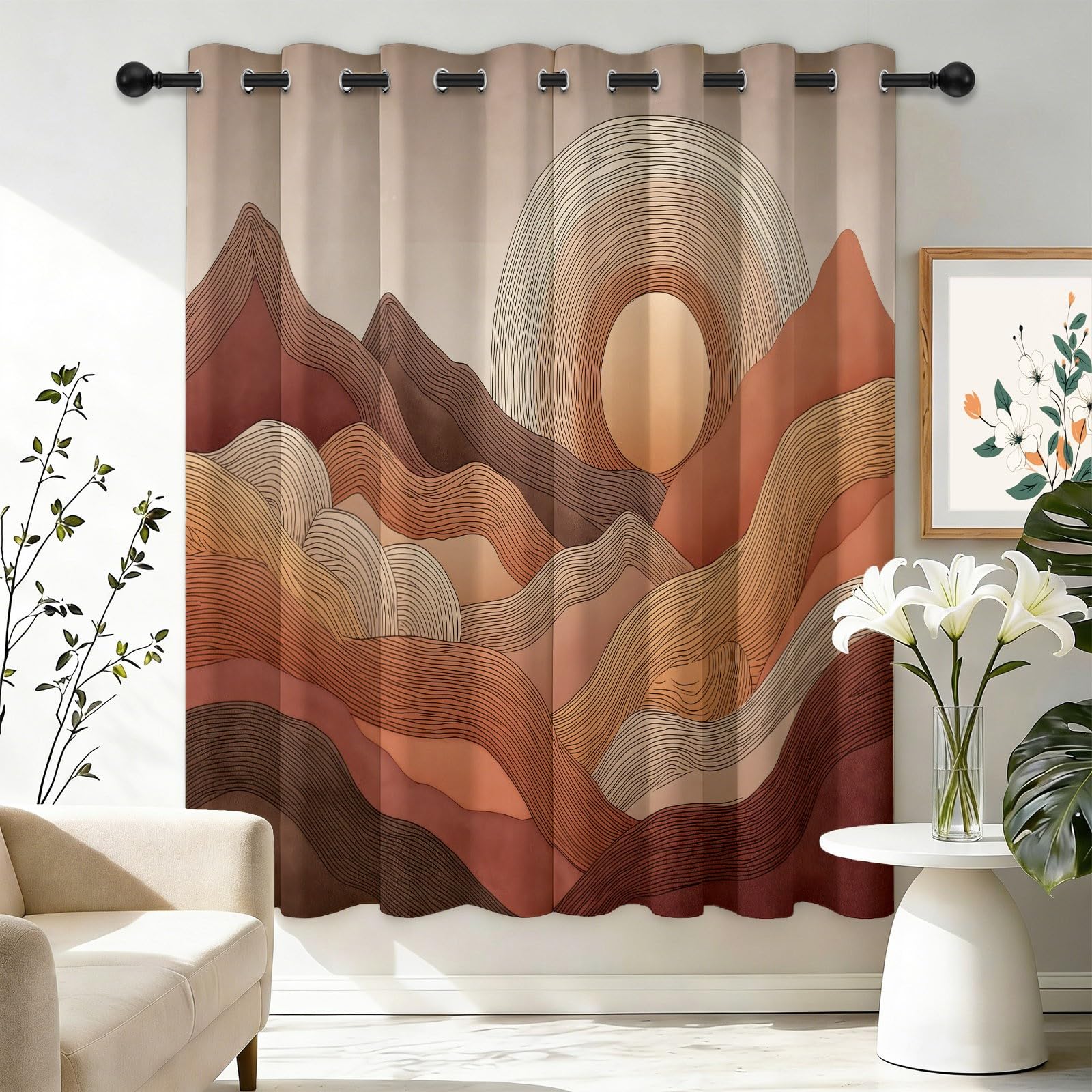 Erdfarben 100% Verdunkelungsvorhänge mit Ösen H214 x B91.5 cm (2er Set), Minimalistisch Berge Sonne Linien, Absolut Blickdichte Thermo-Gardinen gegen Hitze für Schlafzimmer und Babyzimmer