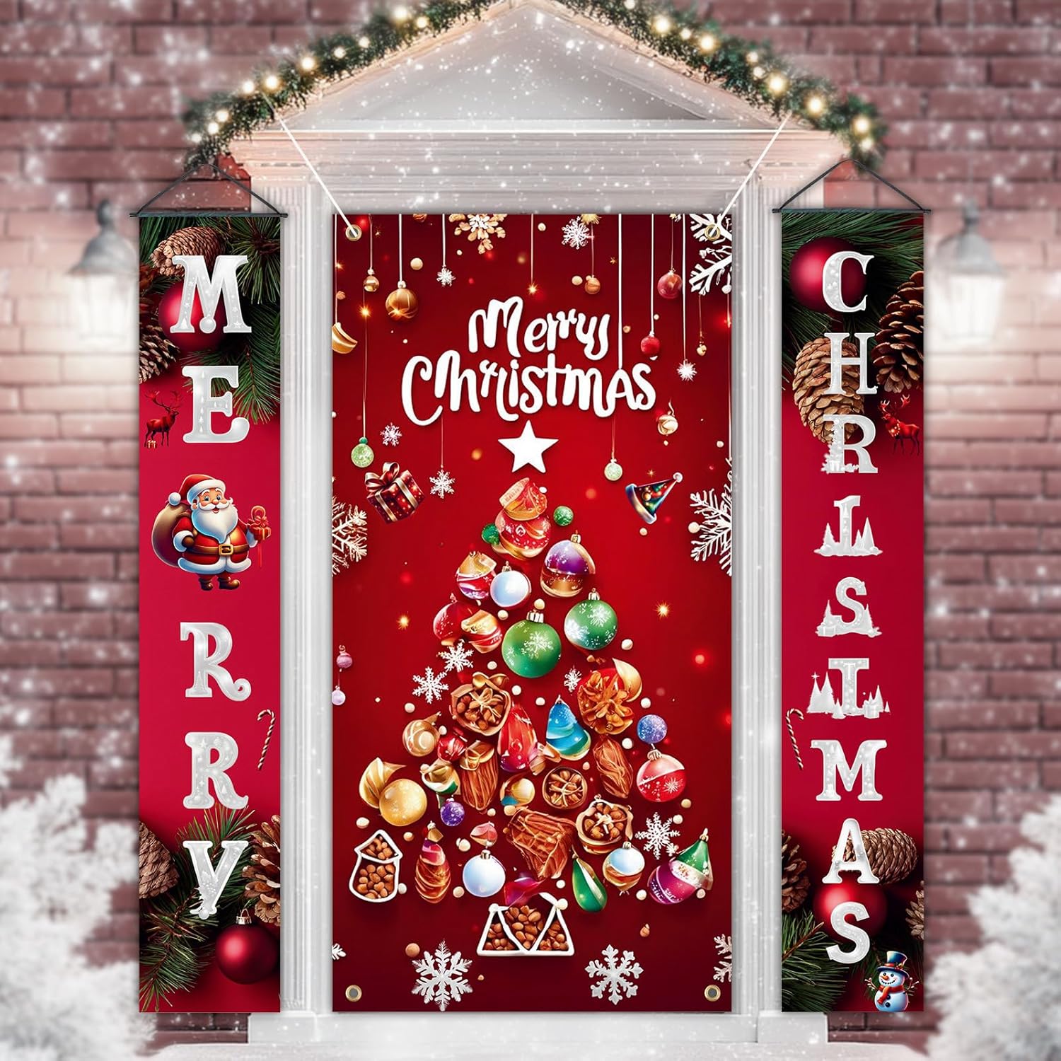 3Pcs Christmas Tree Door Cover and Christmas Door Banners