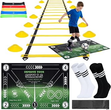 Football Training Mat 90x60cm Football Skills Mat Mastery Footstep Agility Pad Non-Slip Footbal Training Equipment with Resistance Bands Agility Ladder Cones & Grip Socks Football Kits for Kids Youth