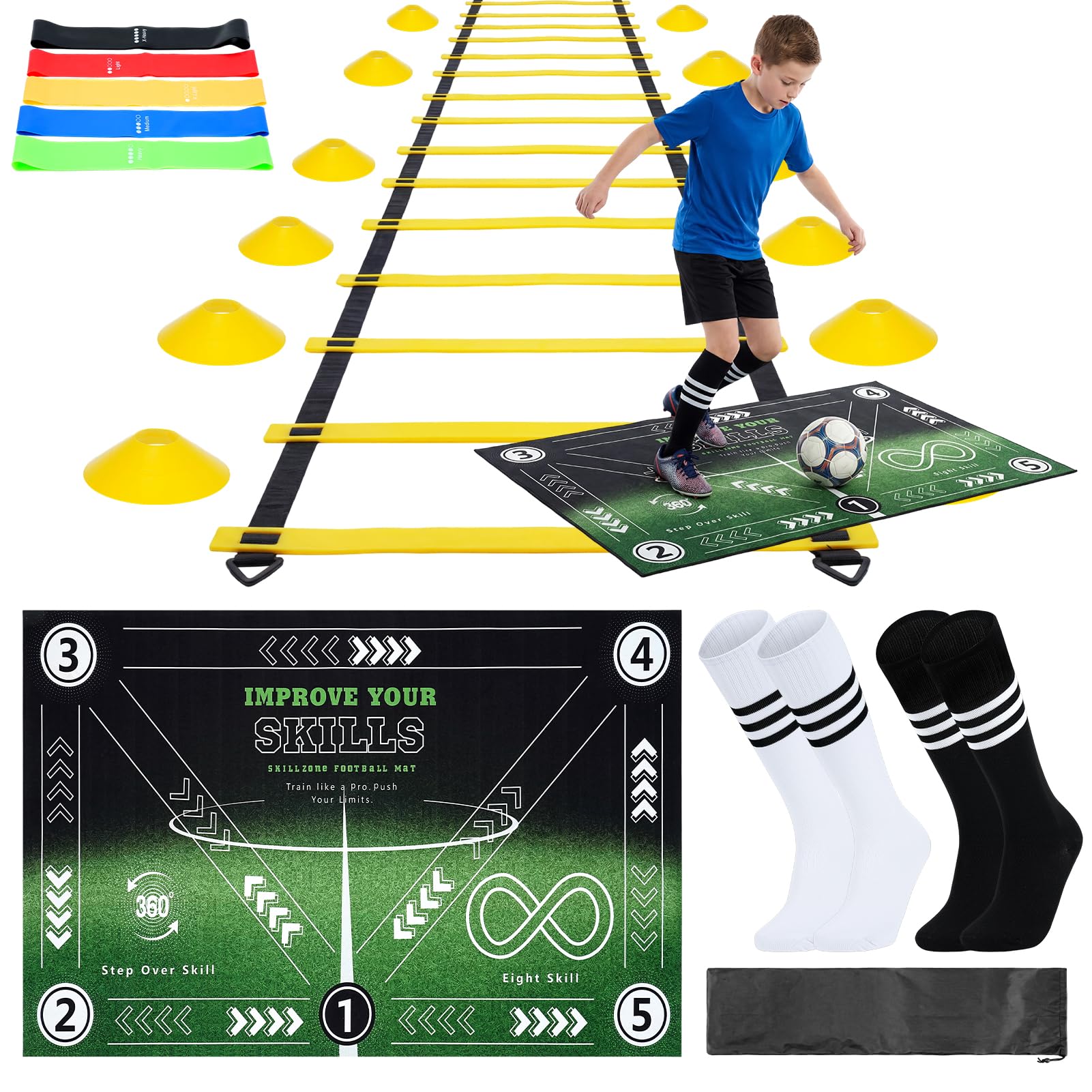 Fussball Trainingszubehör, Fußball Trainingsset mit Fußballmatte 90×60cm 6m Koordinationsleiter, 5 Widerstandsbändern, 10 Hütchen, 2 Paar Sportsocken Fußball Geschenke für Jungs Kinder
