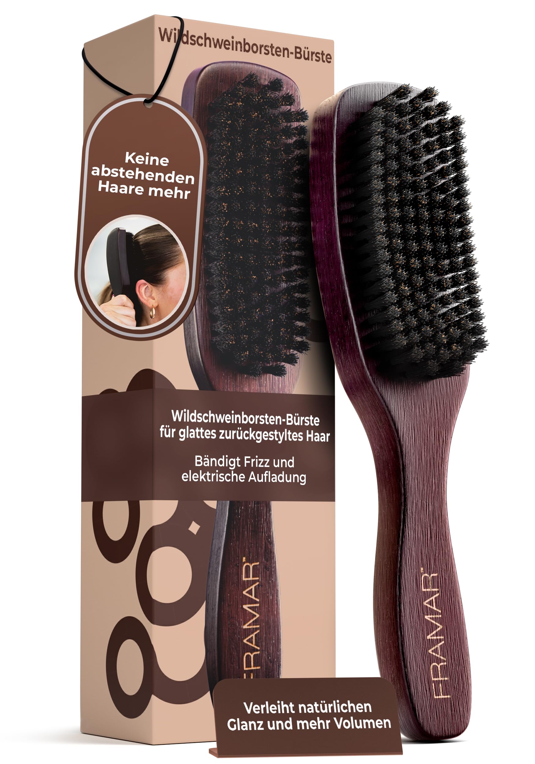 FRAMAR Sleek Bürste Wildschweinborsten - Wildschweinborsten Bürste Haare, Sleek Bun Haarbürste, Boar Bristle Hair Brush, Naturhaarbürste Für Volumen und Glanz - Brauner Samt