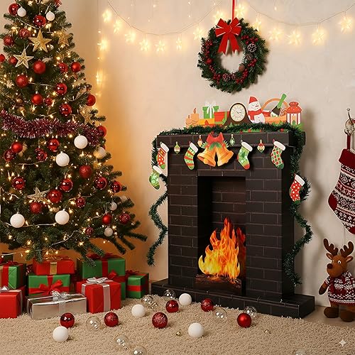 Miniatura 6 de Chimenea de cartón corrugado de Navidad de 35.5 x 29 x 8 pulgadas, chimenea de cartón con media llama de fuego 3D, campana de pino para decoración
