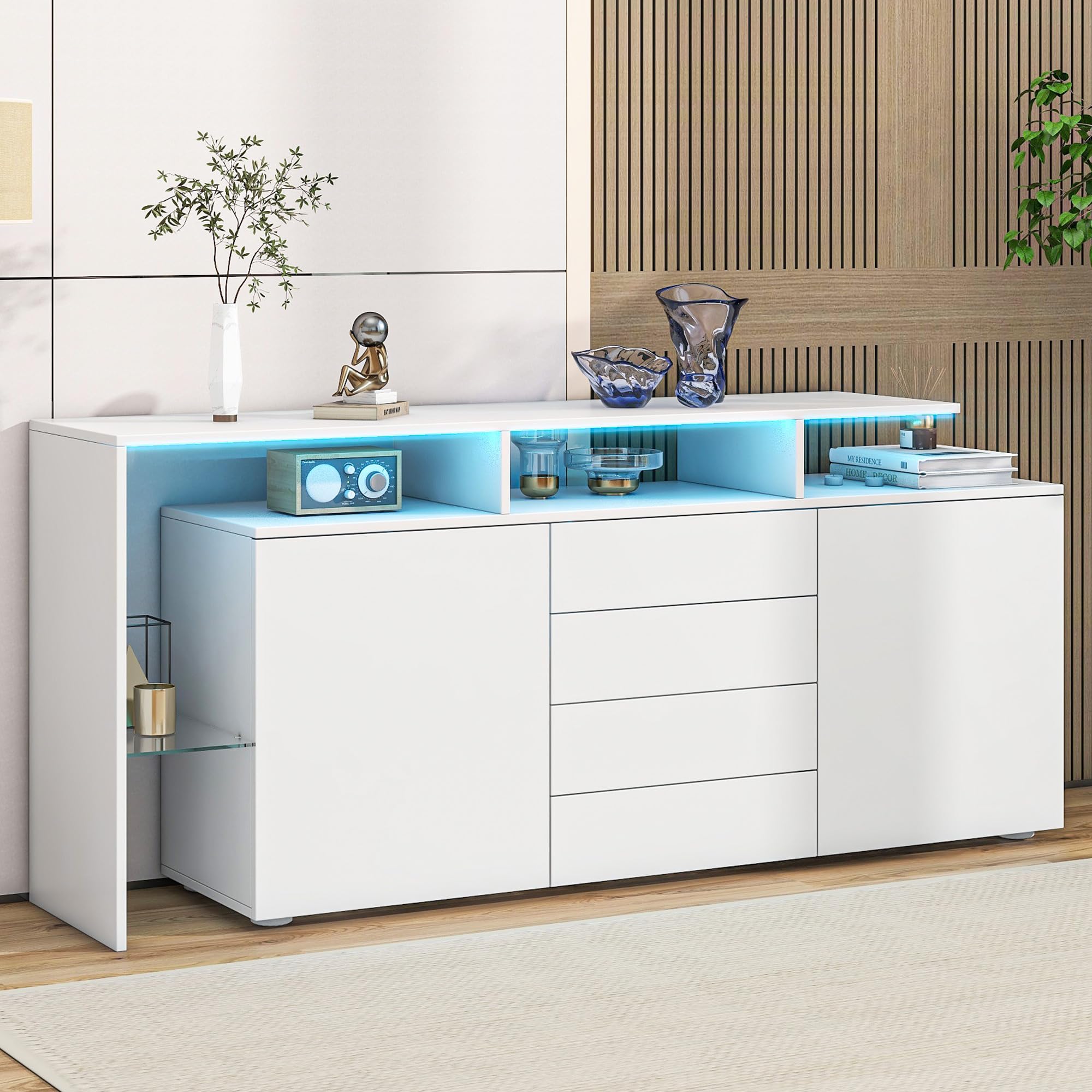 Credenza Soggiorno Moderno Lucida, Credenza Cucina Bianca con LED, Mobile Soggiorno Contenitore Buffet Cucina Salvaspazio con 2 Ante e 4 Cassetti, con Divisori in Vetro, Bianco, 160x35x70cm