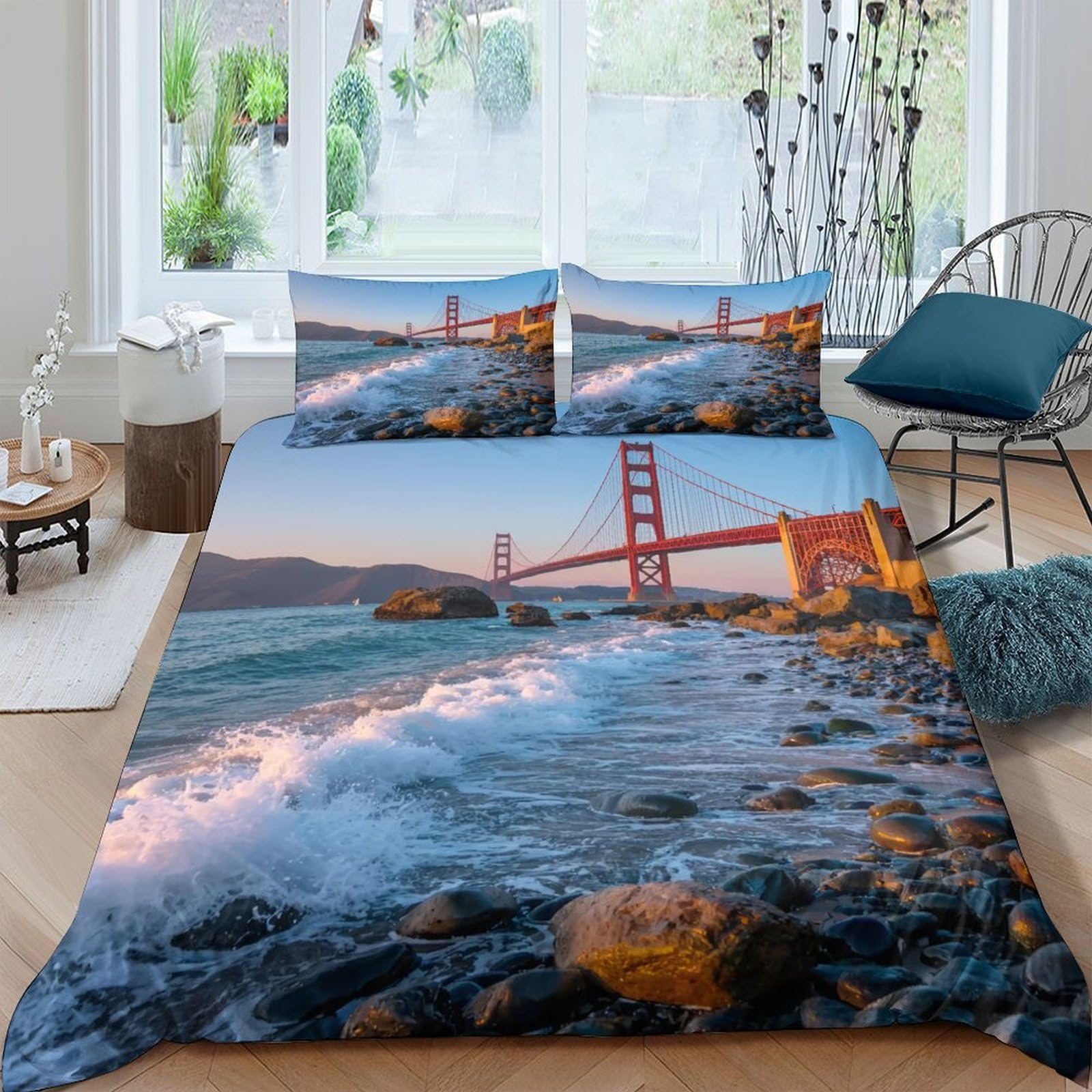 Ctjqhvkz Style-8 3D Printed Golden Gate Bridge Fitted Sheet Microfiber Soft Bedroom Decor Ocean Sunset Mattress Cover Single（135X200cm）
