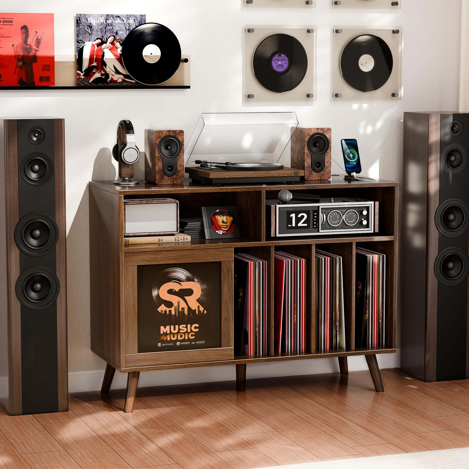 Großer Plattenspieler-Ständer mit Schiebetüren, Plattenständer für über 500 Schallplatten mit Ladestation, Vinylplatten-Halterung mit Ausstellungsfläche, Plattenspieler-Tisch aus Holz für Wohnzimmer