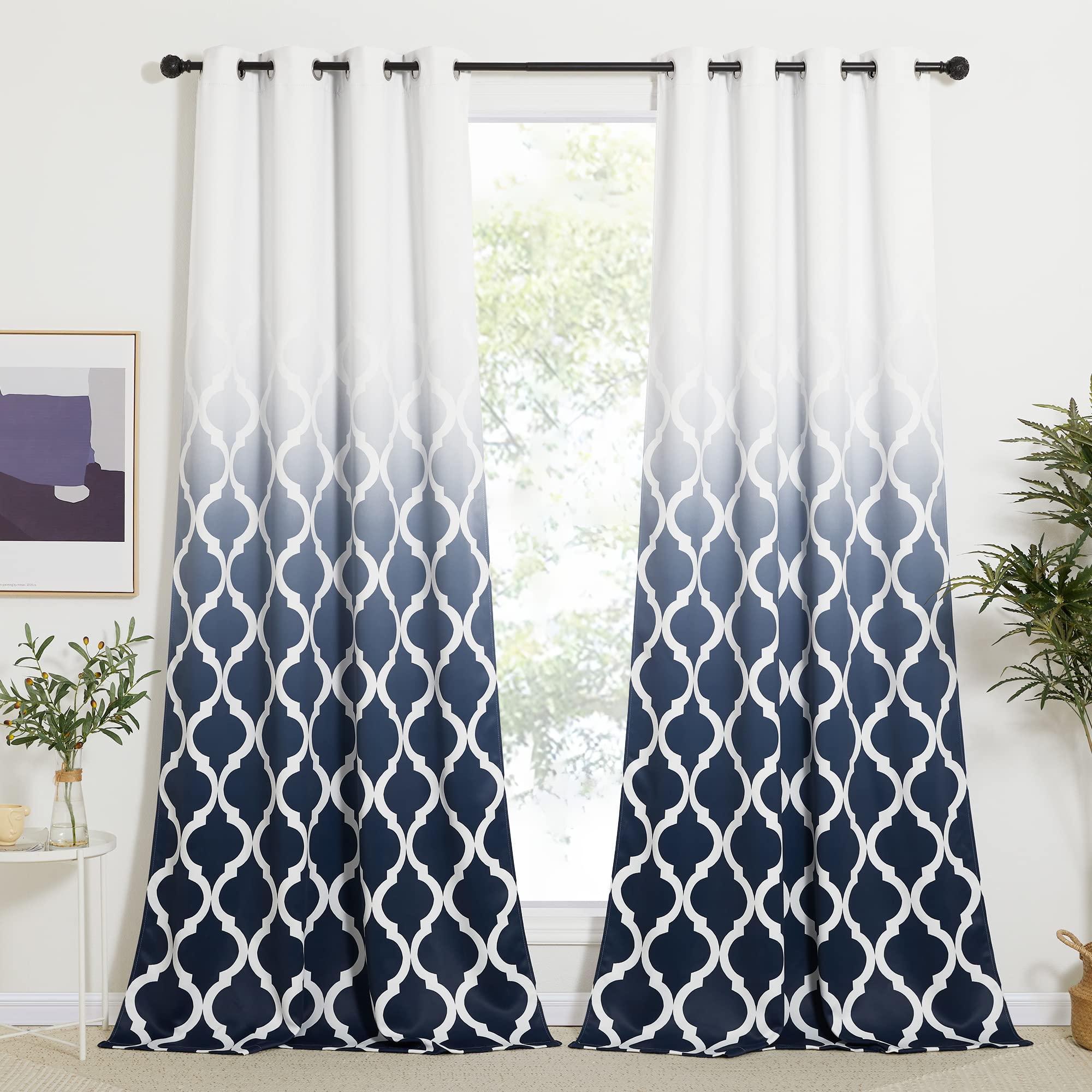 NICETOWN Navy Ombre Moroccan Patterned Room Darkening Curtains 84 inch Long, Grommet Gradient Curtains Easy-Matching Window Treatments for Boys Bedroom/Kids Room, W52, Set of 2