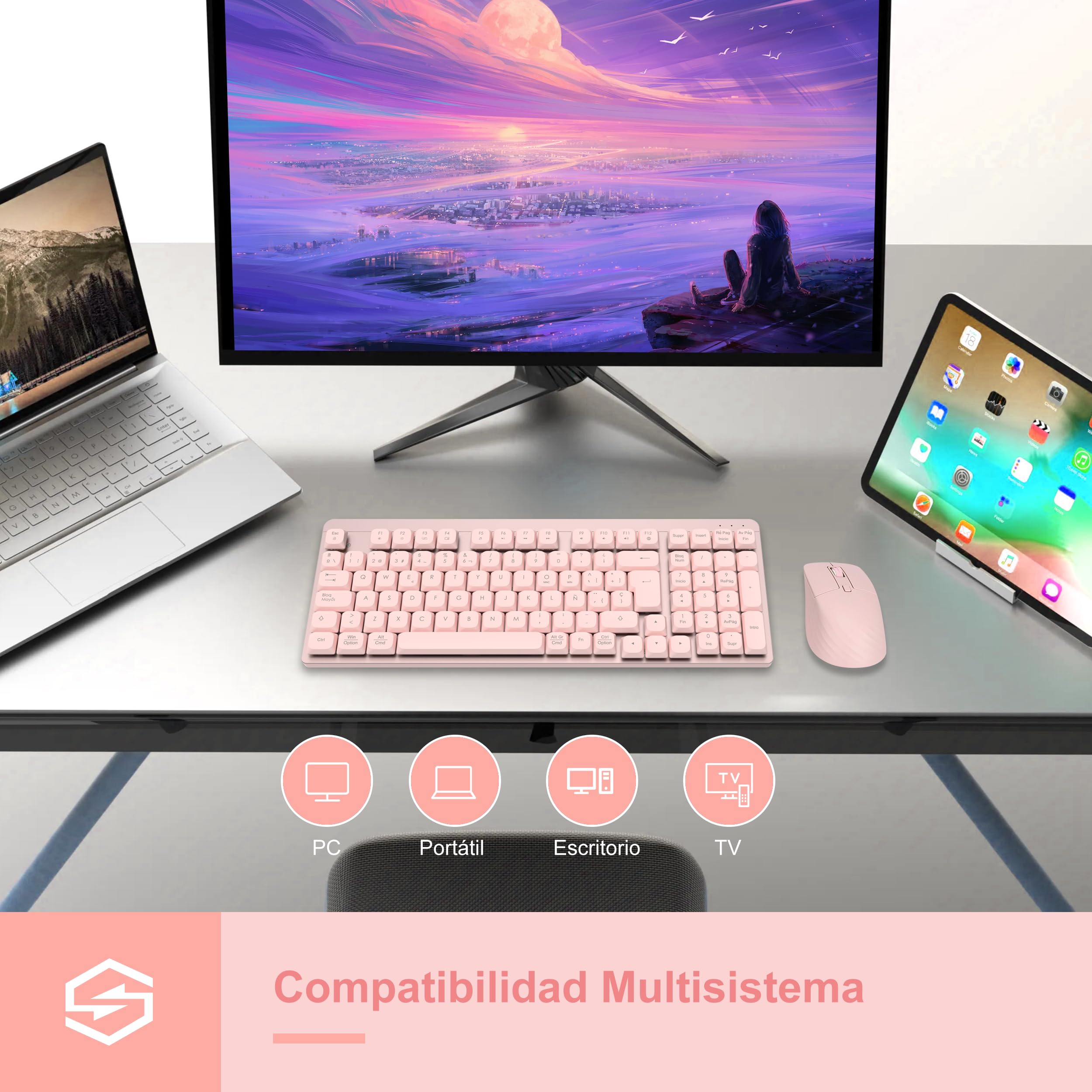 LeadsaiL Teclado Mecánico de Perfil Bajo, FA98 Pack Teclado y Ratón Inalámbrico con Switch Rojo, 2.4GHz Conexión, Linear Teclas QWERTY Español Keyboard con Teclado numérico para Windows, Mac-Rosa