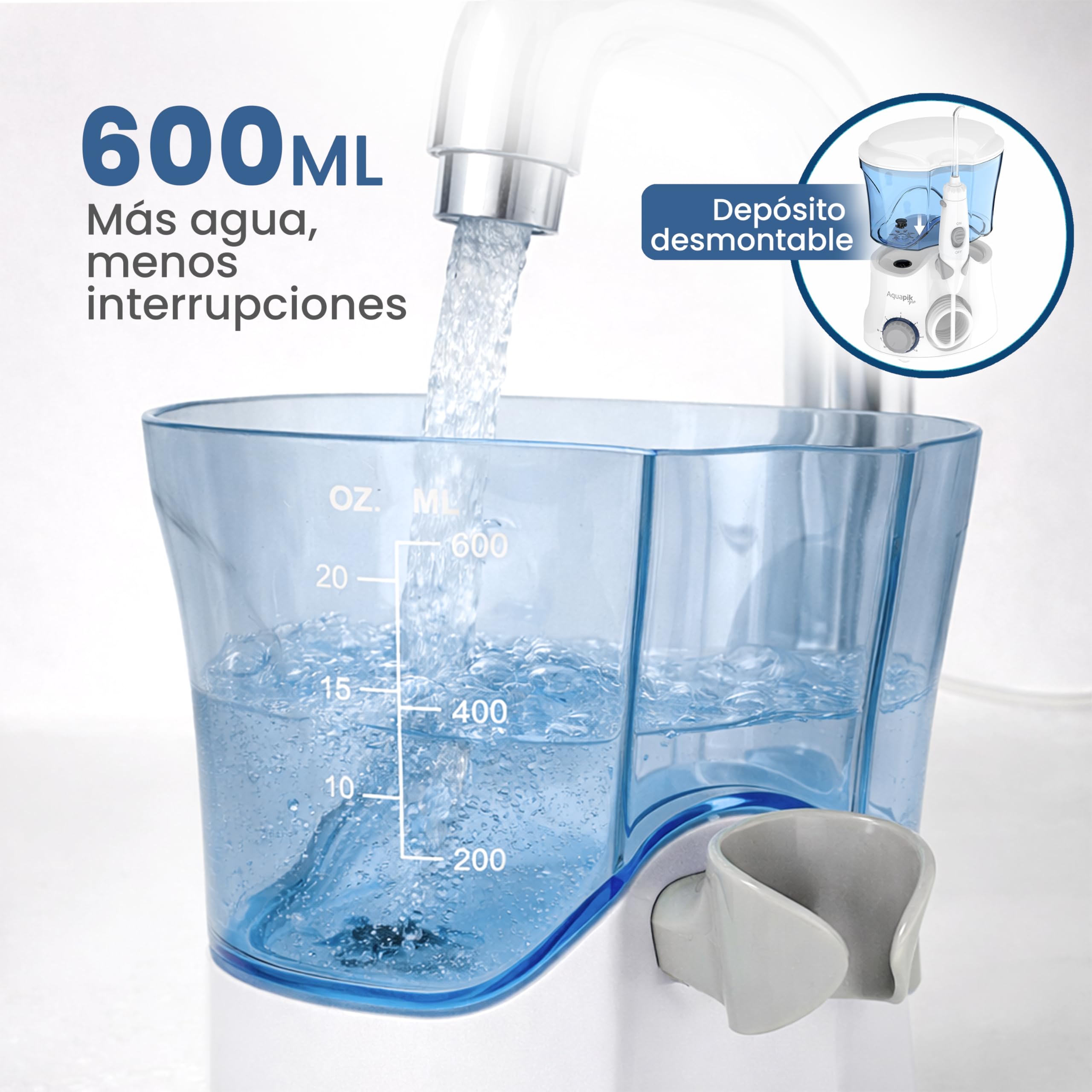 Aquapik PRO Irrigador dental Irrigador Bucal sobremesa 10 niveles de presión 600 mL 8 boquillas water flosser IPX7 Impermeable Limpieza Dental Elimina la placa Protege las encías y cuida tu ortodoncia
