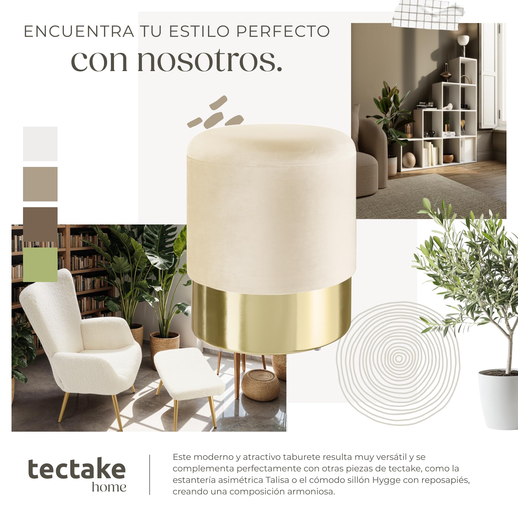 tectake® Taburete Tocador con Almacenaje para Dormitorio, Ideal Puff Almacenaje o Silla Tocador Maquillaje, un Mueble Auxiliar Dormitorio Práctico y Elegante - 36 x 36 x 44,5 cm Crema