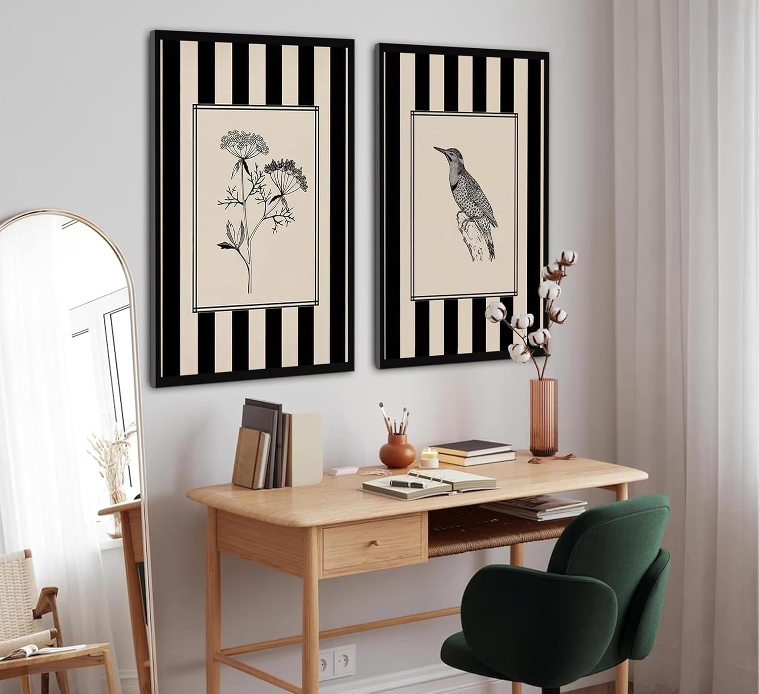2pcs Black and White Striped Wall Art Vintage Sketch Bird Flower Painting Picture Wall Decor Modern Minimalism Cardinal Poster Print Artwork for Living Room Bedroom Bathroom Dorm Home Decoration