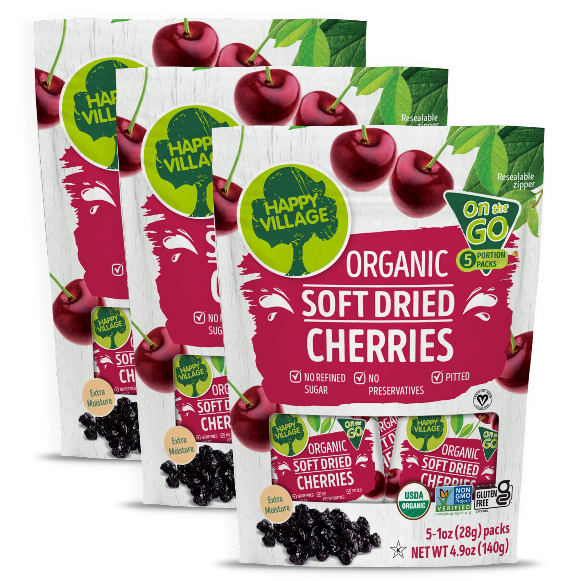 Happy Village Organic Soft Dried Cherries On the Go – 3 Bags (15 Individual Portion Packs) | Healthy, Organic, Non-GMO, Vegan, Kosher, Gluten-Free Snack PacksUSDA Organic