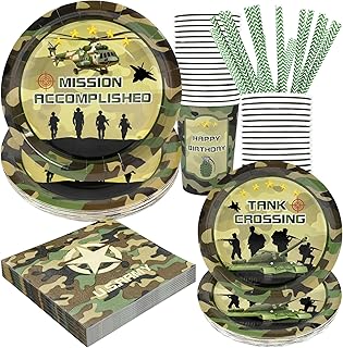 Army Birthday Party Supplies Decorations, Camo Theme Birthday Paper Plates and Napkins Set with Cups and Straws for 24 Guests, 120 Pcs Disposable Party Dessert Dinnerwares
