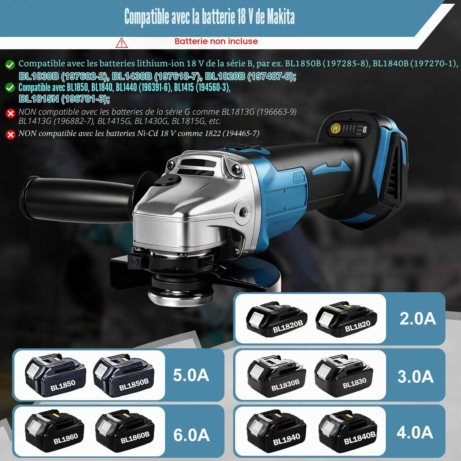 Bürstenlon Meuleuse d'angle sans fil pour Makita 18 V, 9000 tr/min avec 4 vitesses, disque abrasif de 125 mm avec clé de meulage pour meuler, couper et polir (sans batterie)