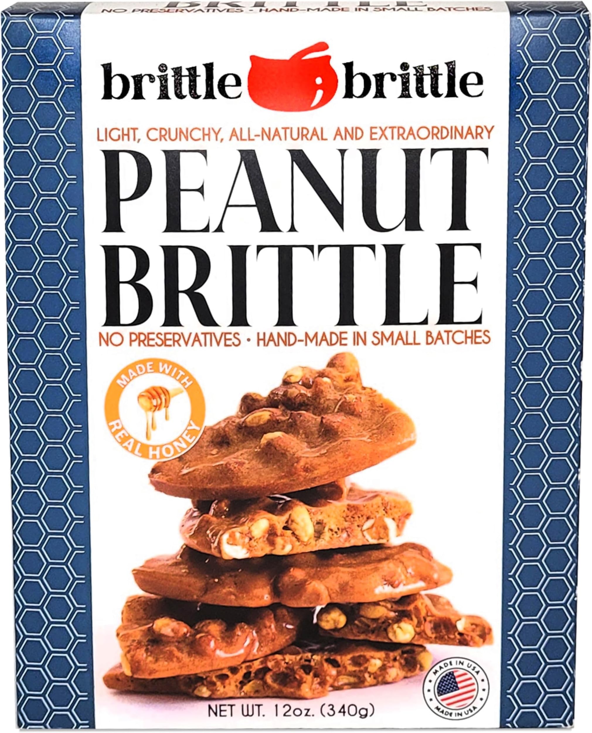 Peanut Brittle Candy, Handmade Old Fashioned Peanut Brittle Made with Honey, All Natural, Gluten Free, Perfect Snack or Gift, 12 oz