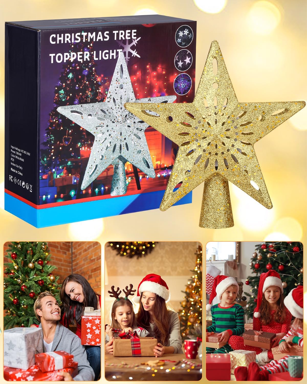 Puntale per Albero di Natale, Proiettore a LED 3D Hollow Stella, Illuminazione per Feste, Festival, Decorazione Interna (Oro)