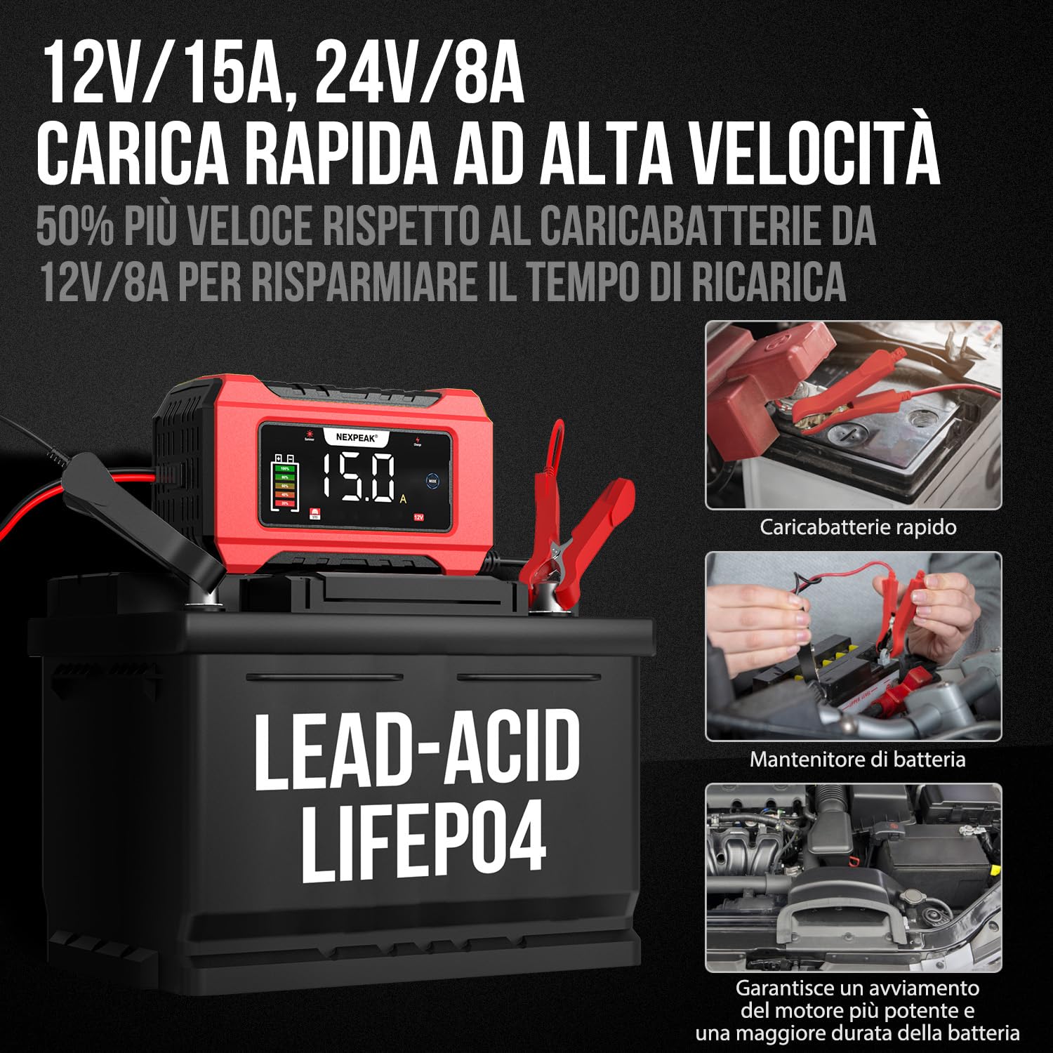 Carica 15A 12V 24V Automatico Batterie Auto Moto - Dettaglio