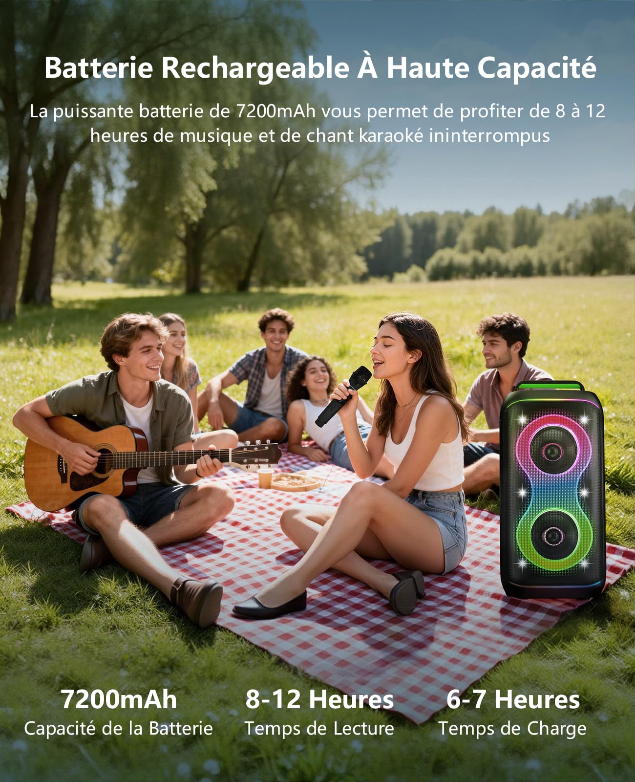 GKD61 Machine de Karaoké pour Adultes avec 2 Microphones UHF Sans Fil, 400W Puissance Crête, Enceinte Bluetooth Portable avec Deux Subwoofers de 6,5", Réglage Basses/Aigus, pour Intérieur et Extérieur