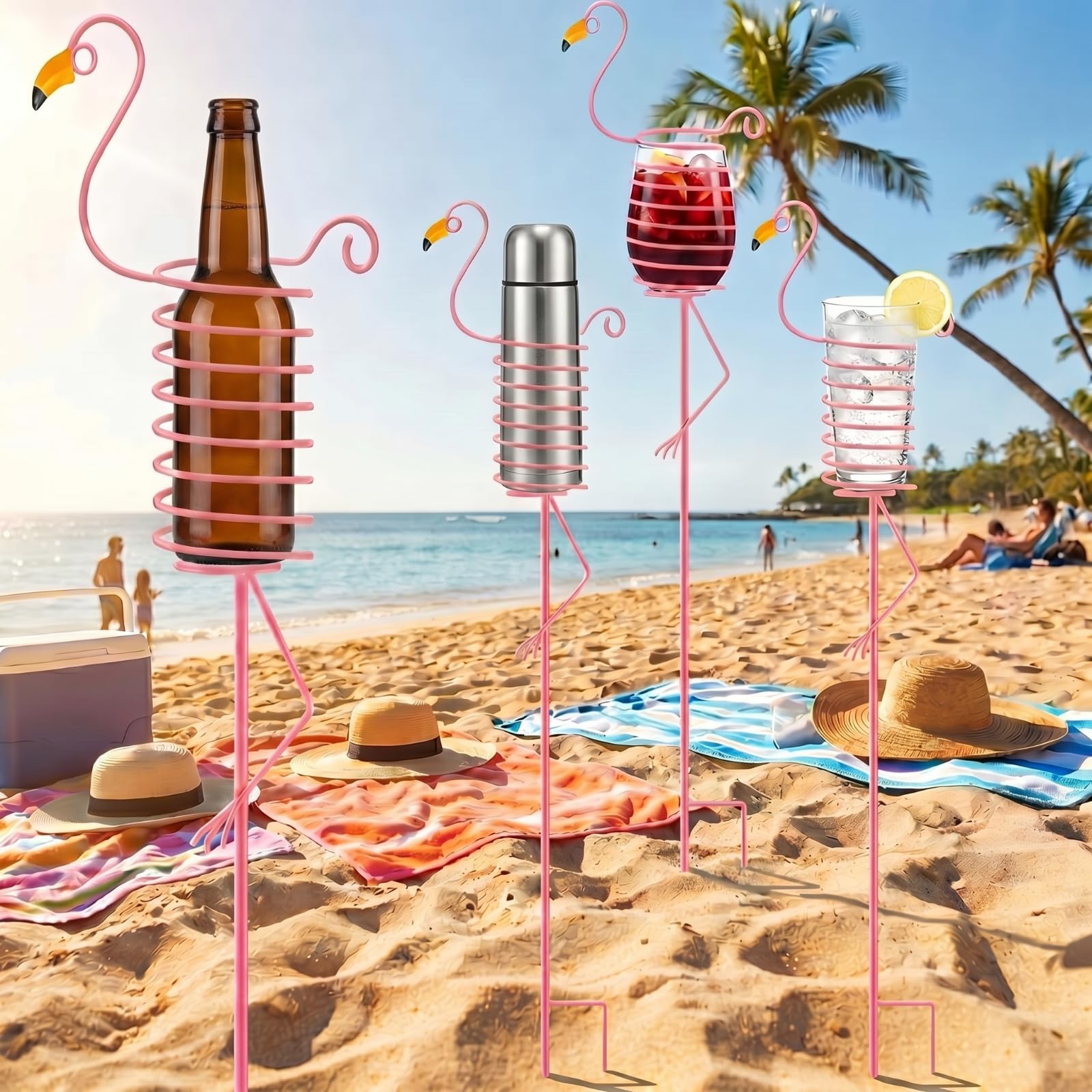 Photo 1 of Juexica Set of 4 Flamingo Outdoor Drink Holder Stakes, 32 Inch Beach Cup Holder Ground Pink Yard Beer & Wine Bottle Holders Stand Beverage Stakes for Party Lawn Fire Pit Accessories Gifts