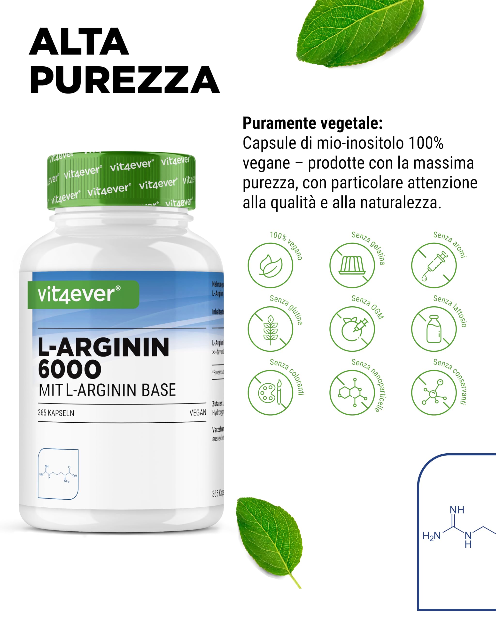 L-Arginina - 365 capsule - 6000 mg di L-Arginina pura per dose giornaliera - Prodotta per fermentazione vegetale - Altamente dosata - Senza additivi - Vegan