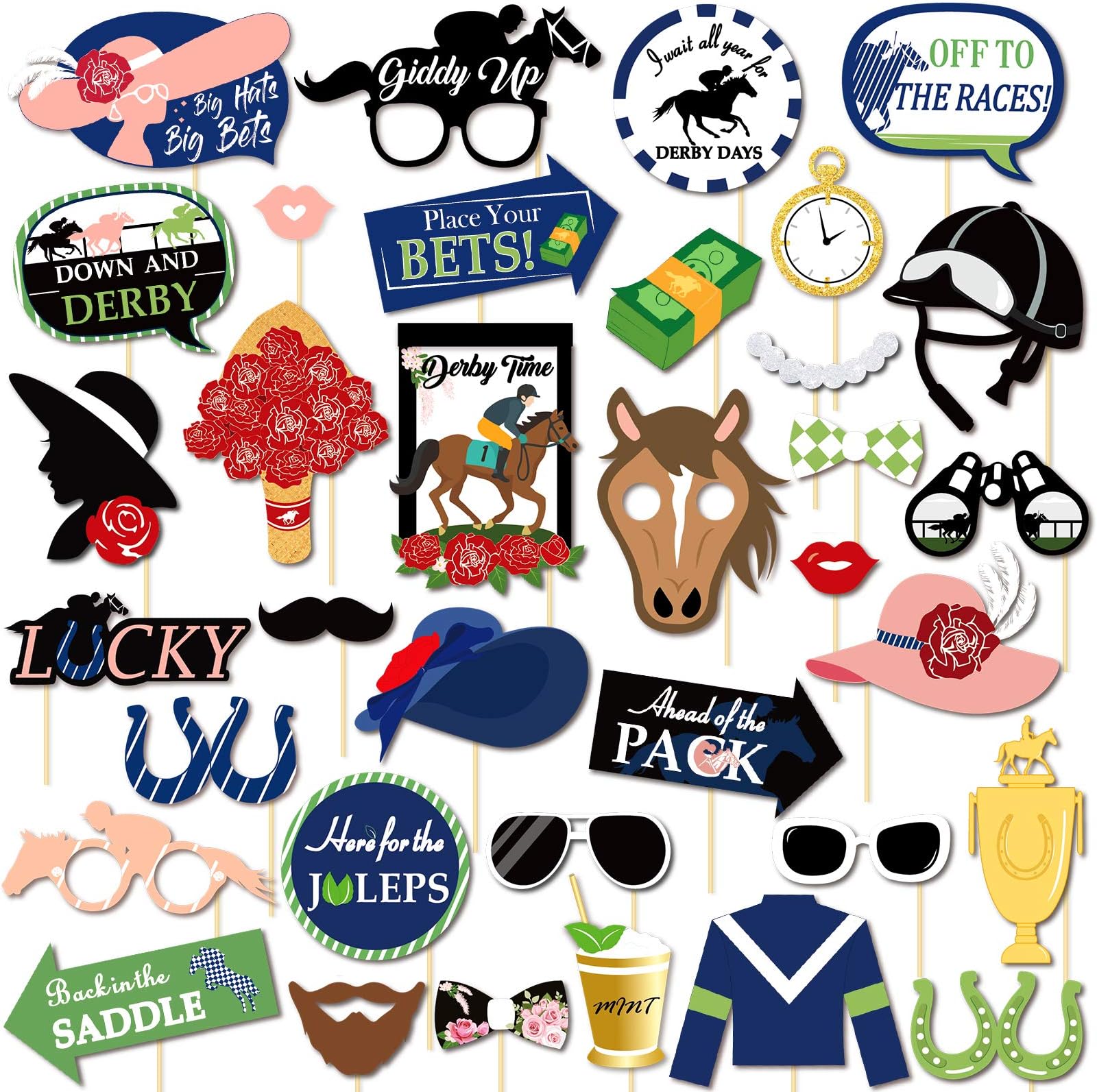 Qpout 9-Pack Photo Booth Prop Kit for Horse Race Party Decoration with Grand National Racers and Photography Backdrops