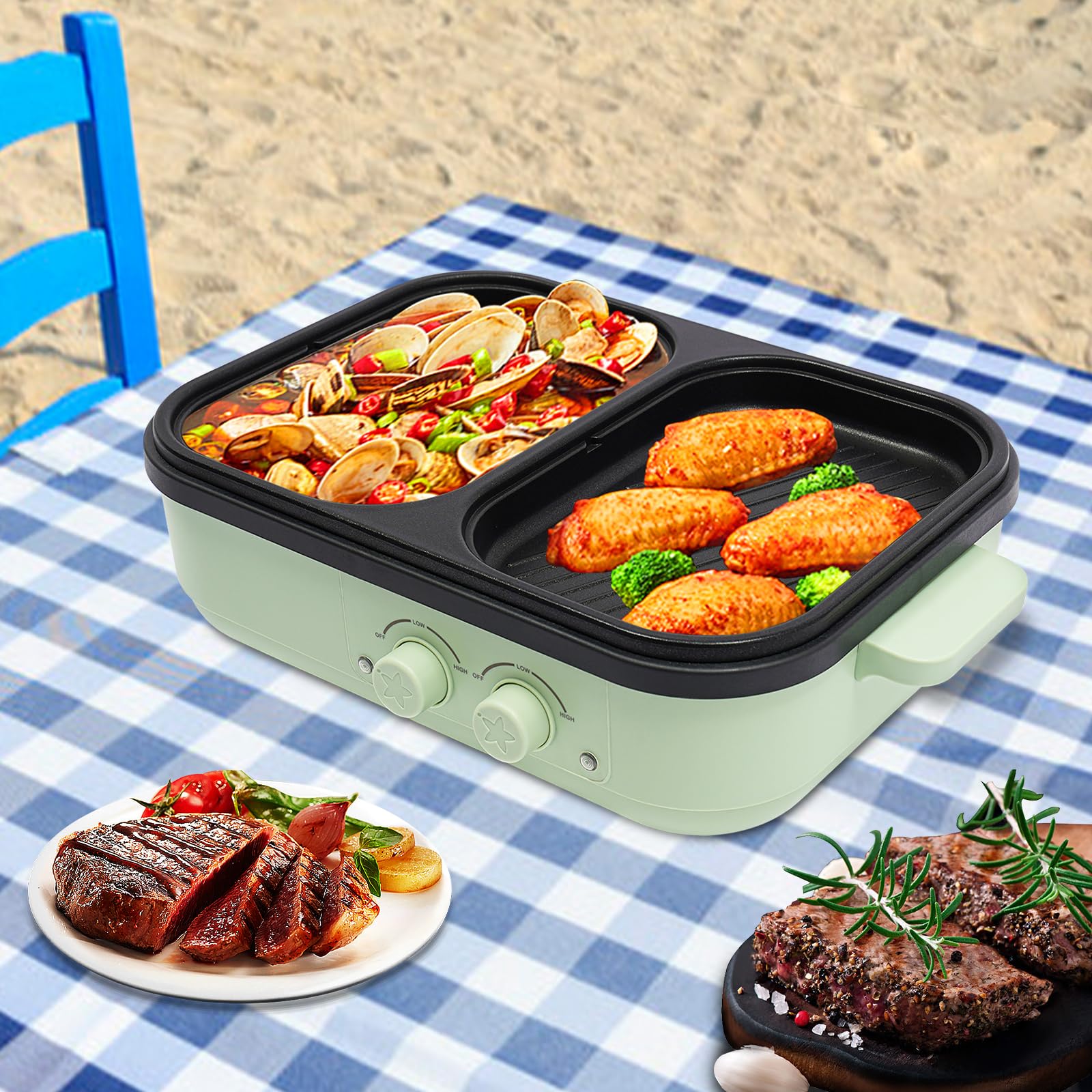 2 in 1 Elektrisch Bratpfanne | 1300W Antihaftbeschichtet Hot Pot und Grillbereich | Mehrzweck Kochtopf Bratpfanne (0.2L) und ein Kochtopf (1L) | Elektrogrill Grillpfanne für 1-3 Personen