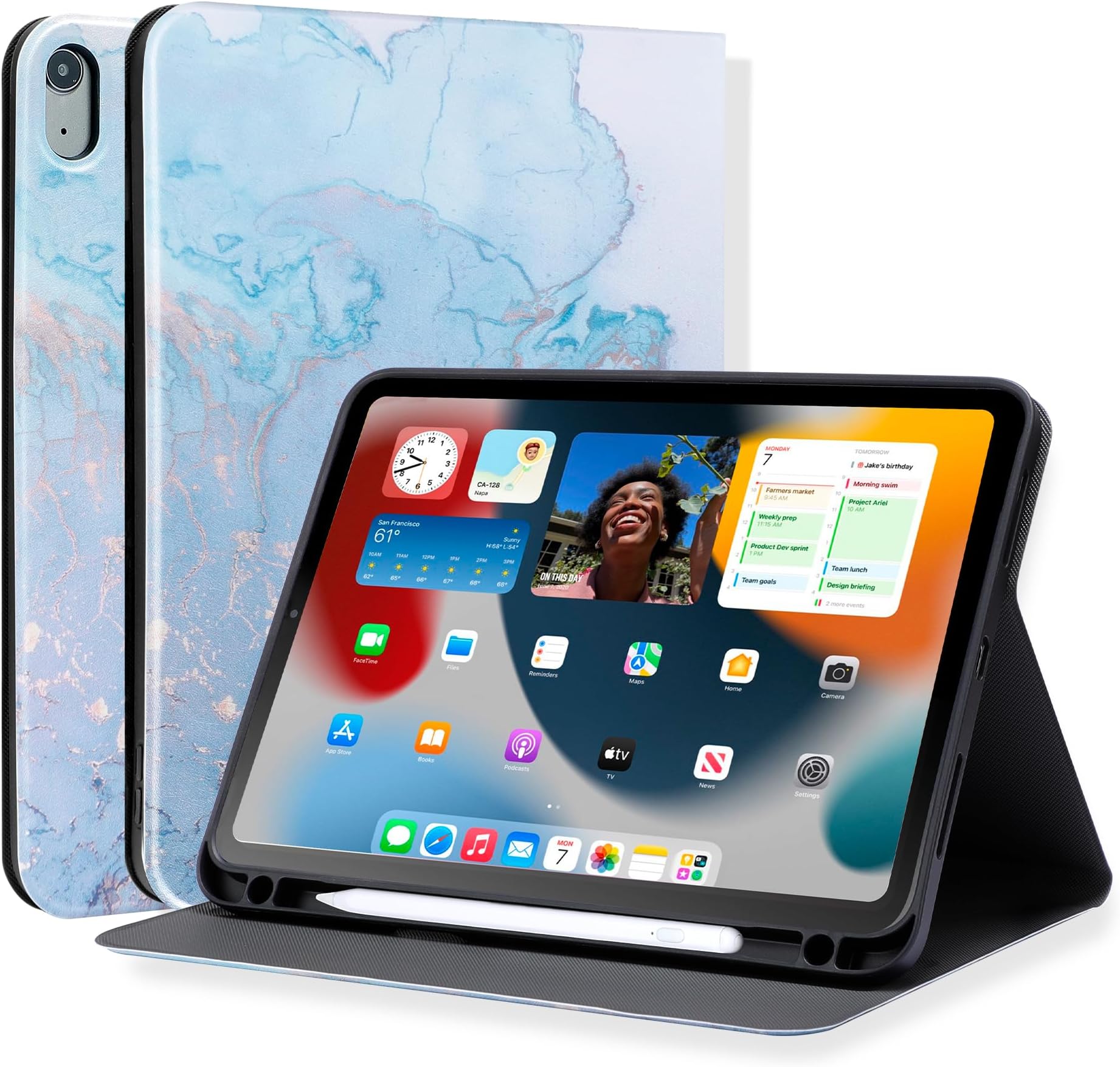 iPad Case 10th Generation A2696 A2757 A2777, PU Leather Case with Pencil Holder, Adjustable Stand, Auto Sleep/Wake, 10.9 inch, Map