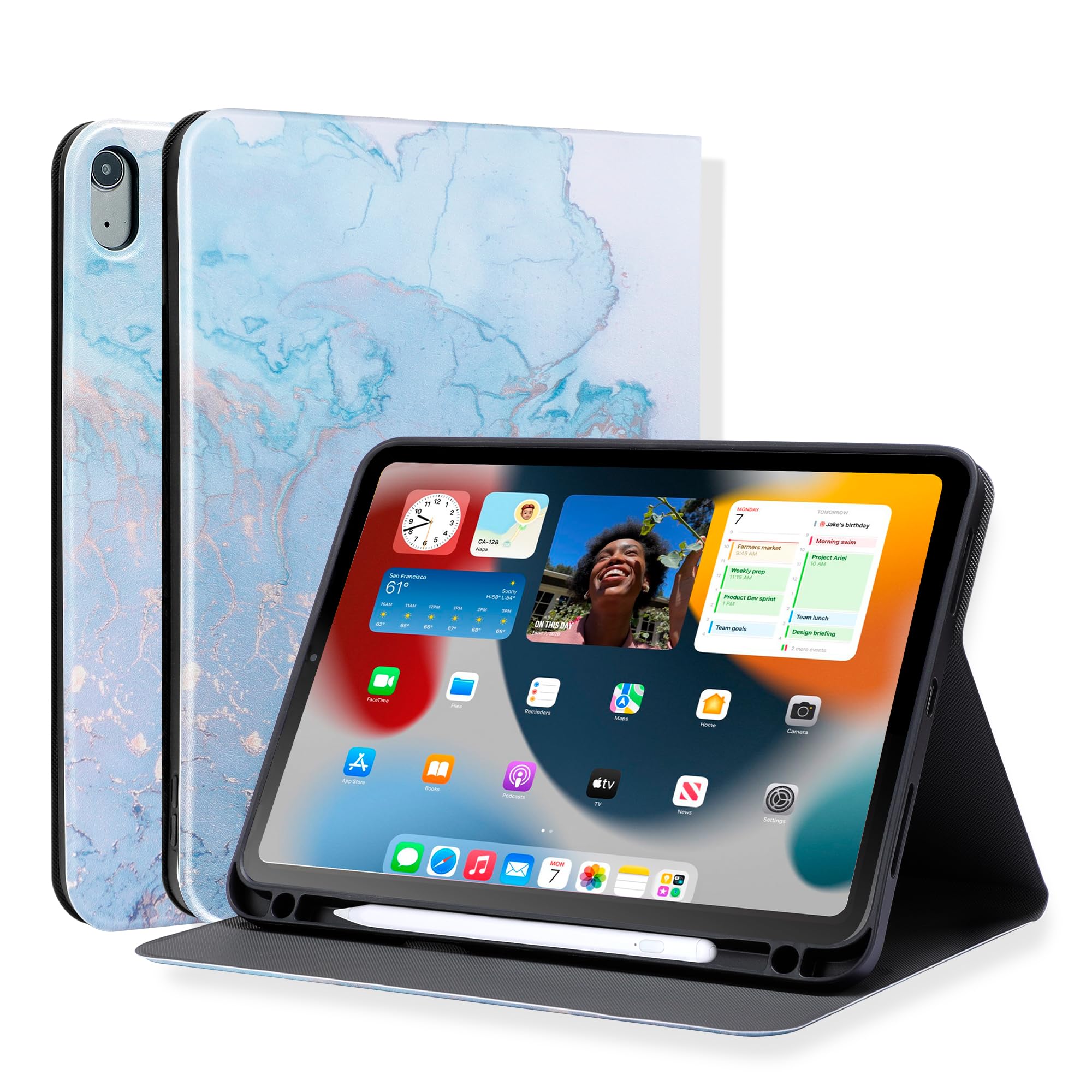 iPad Case 10th Generation A2696 A2757 A2777, PU Leather Case with Pencil Holder, Adjustable Stand, Auto Sleep/Wake, 10.9 inch, Map