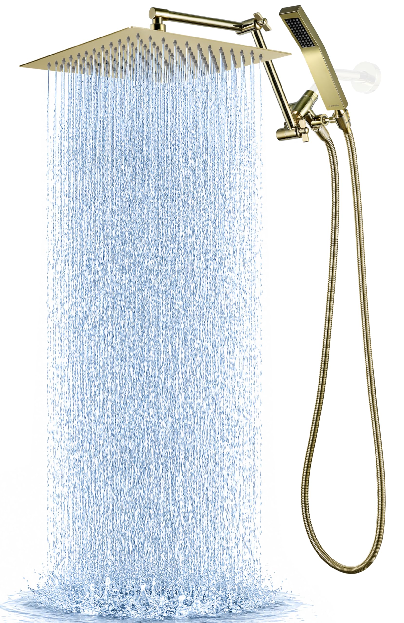 G-Promise All Metal 12 Inches Rainfall Shower Head with Handheld Spray Combo, 3 Settings Diverter, Adjustable Extension Arm with Lock Joints, 71 Inches Stainless Steel Hose (Polished Brass)