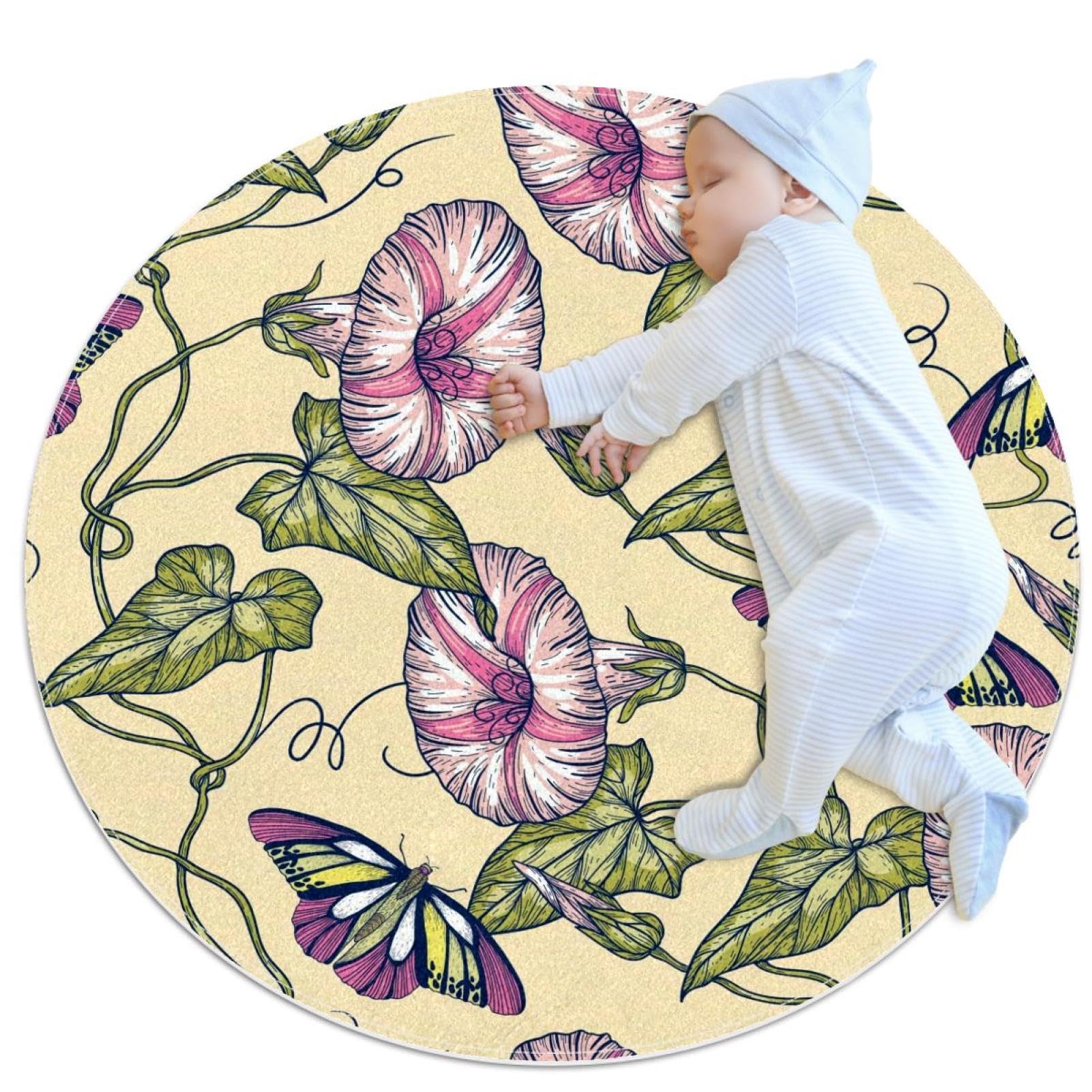 Tapis rond de salle de bain imprimé papillon et fleurs avec envers antidérapant