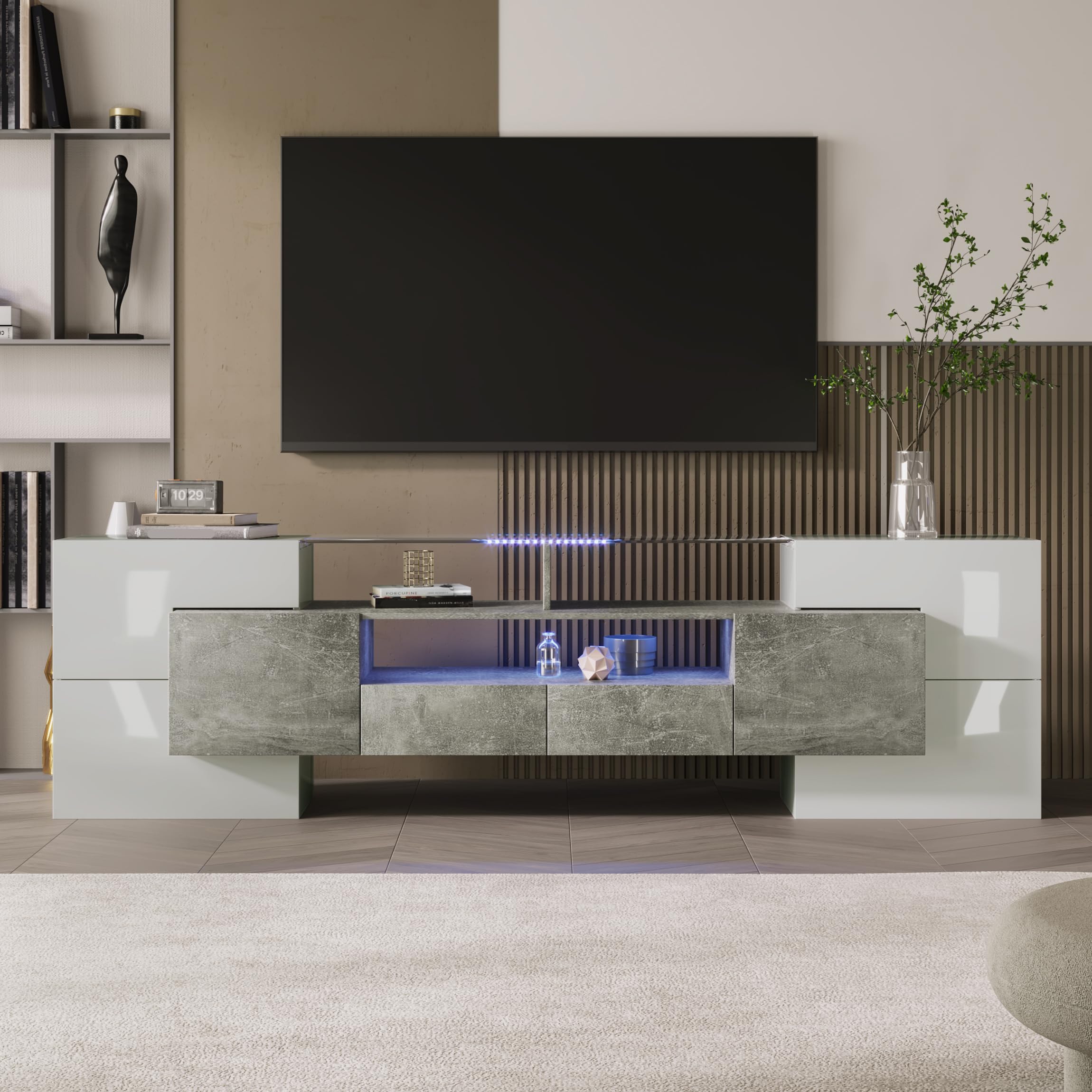 Mobile TV basso 200 cm bianco lucido e cemento con illuminazione a LED – Mobile TV moderno, 6 ante con chiusura morbida, 2 cassetti, superficie in vetro, molto spazio per il soggiorno