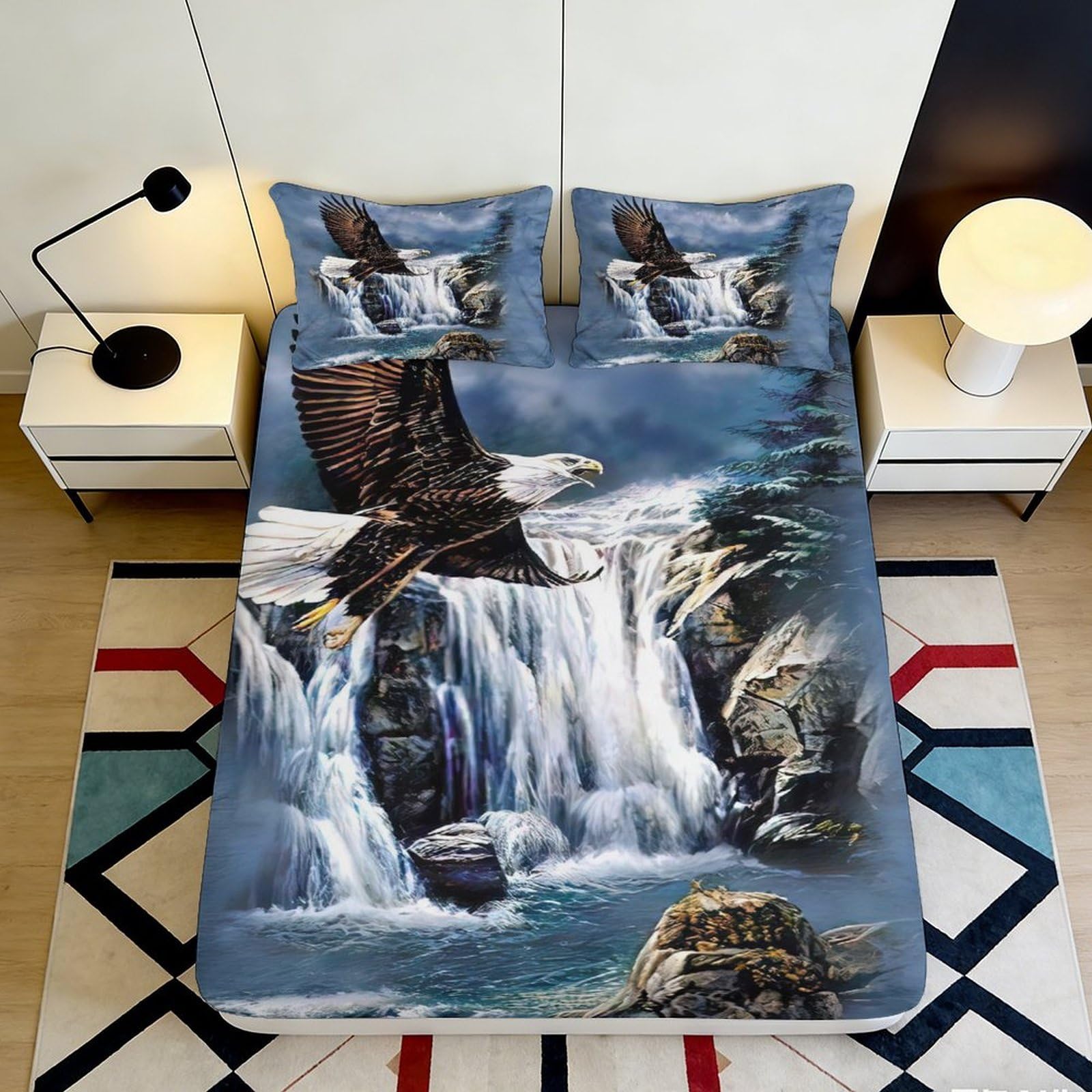3D Printed Waterfall Eagle Fitted Sheet Microfiber Bedroom Decor Forest Bird Mattress Cover for Home Dorm 90x200x25cm