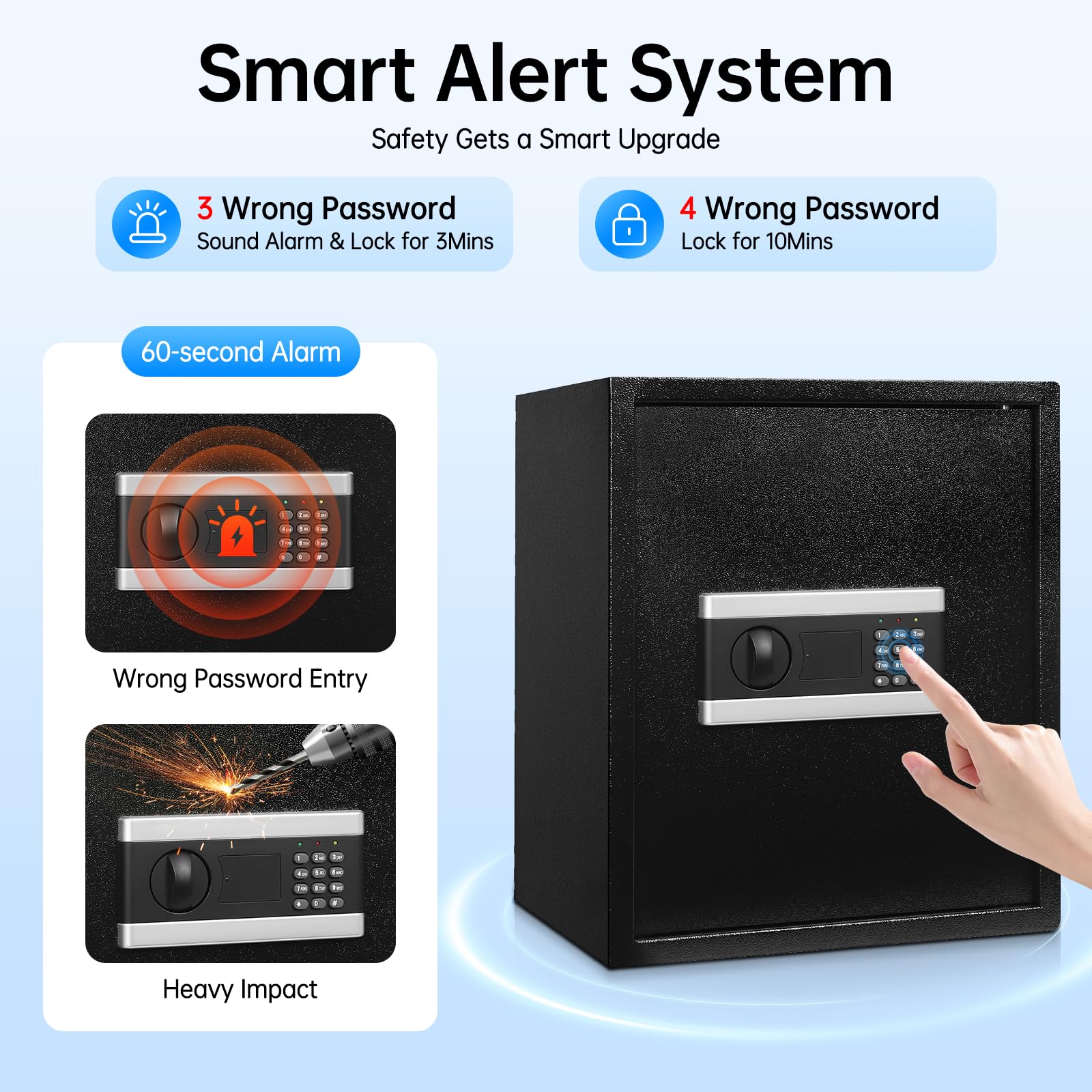 Cassaforte elettronica, 38 x 31 x 45 cm, cassaforte per casa, 3 scomparti rimovibili, passcode digitale, chiavi di emergenza, allarmi intelligenti, cassaforte