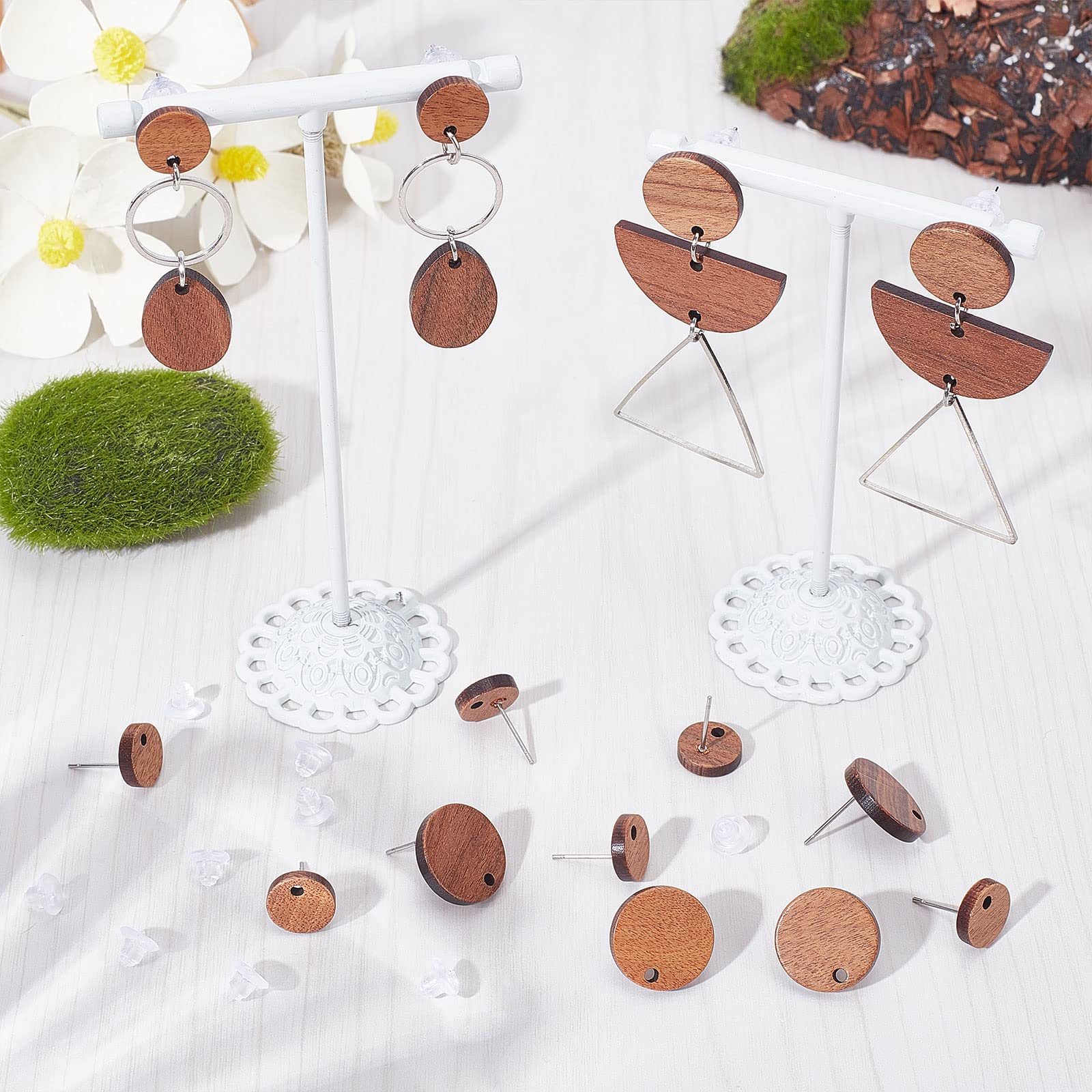 SUNNYCLUE Doe-het-zelf 14 paar bedrukte houten hangers, oorbellen, starterset, inclusief bedrukte houten bedels, hangers, versieringen, hangende ornamenten, oorringen, haken, sieraden