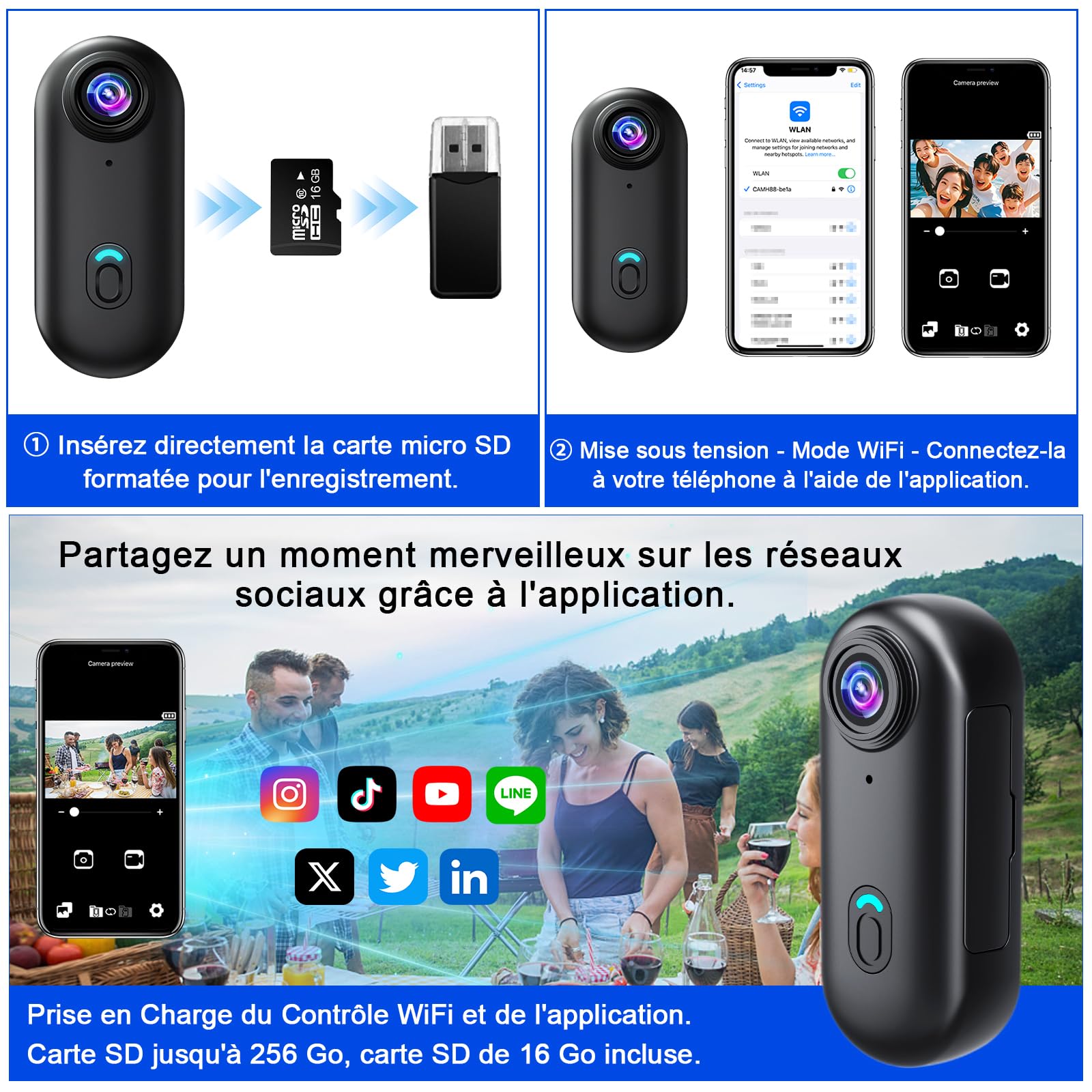 Caméra d'action WiFi 4K 120° Étanche 16 Go avec Accessoires de Fixation
