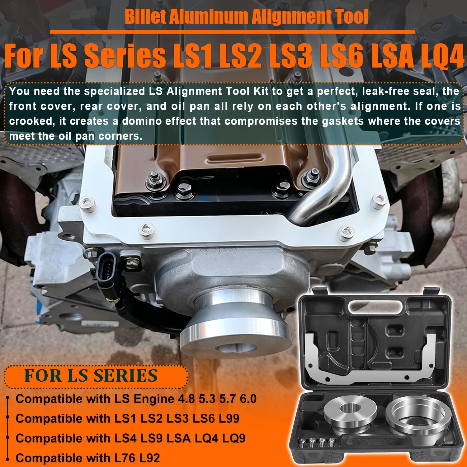 Camoo Billet LS Front and Rear Cover Alignment Tool Kit & Oil Pan Alignment Tool with Tool Box for LS1 LS2 LS3 LS6 LSA LQ4 4.8 5.3 5.7 6.0, Heavy Duty Billet Aluminum Engine Sealing Installer
