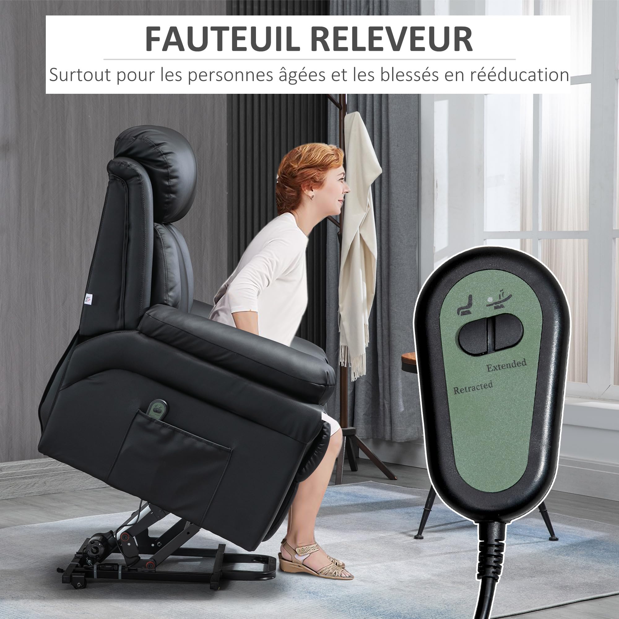 HOMCOM Fauteuil releveur électrique, Fauteuil Relax électrique avec Repose-Pied Ajustable, Dossier inclinable, télécommande, Poche latérale, pour Personnes âgées, Noir