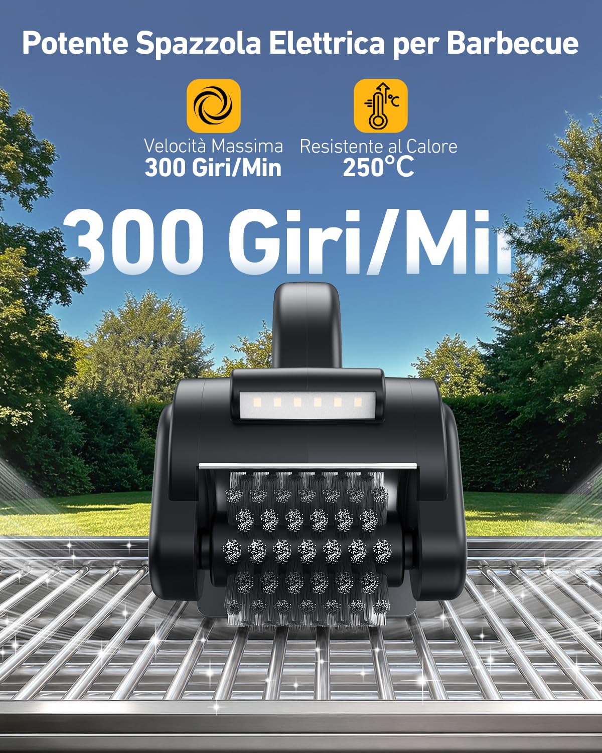 Spazzola Elettrica per Barbecue, Pulisci Griglia BBQ Elettrico Ricaricabile con Testina in Acciaio Inossidabile, Luce LED, Autonomia 150 Min, Grill Brush Griglie per Alla Maggior Parte dei BBQ, Nero
