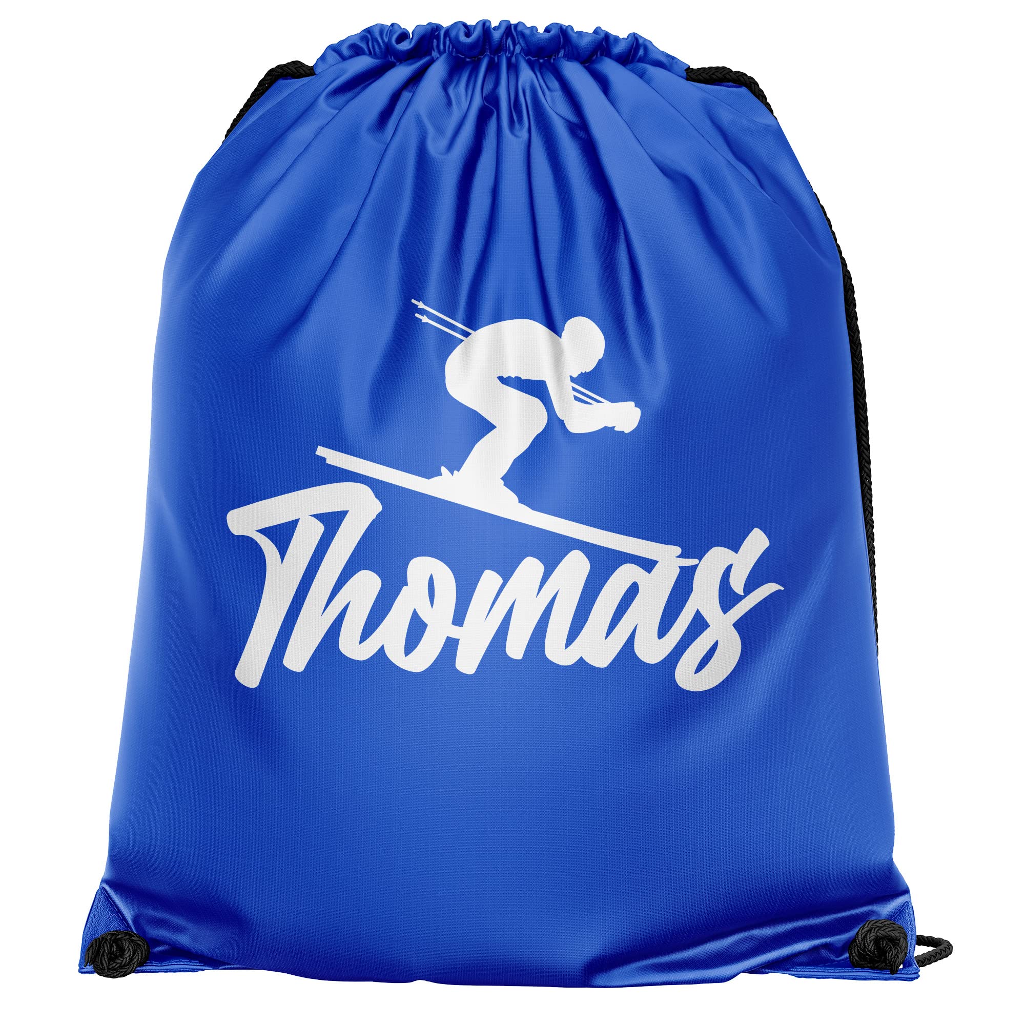 Personalised Boys Skiing Drawstring Bag, Custom Ski Trip Gifts Boys PE Kit Bag, Back to School Gifts for Son who Loves Skiing on Snow, One Size, Royal Blue
