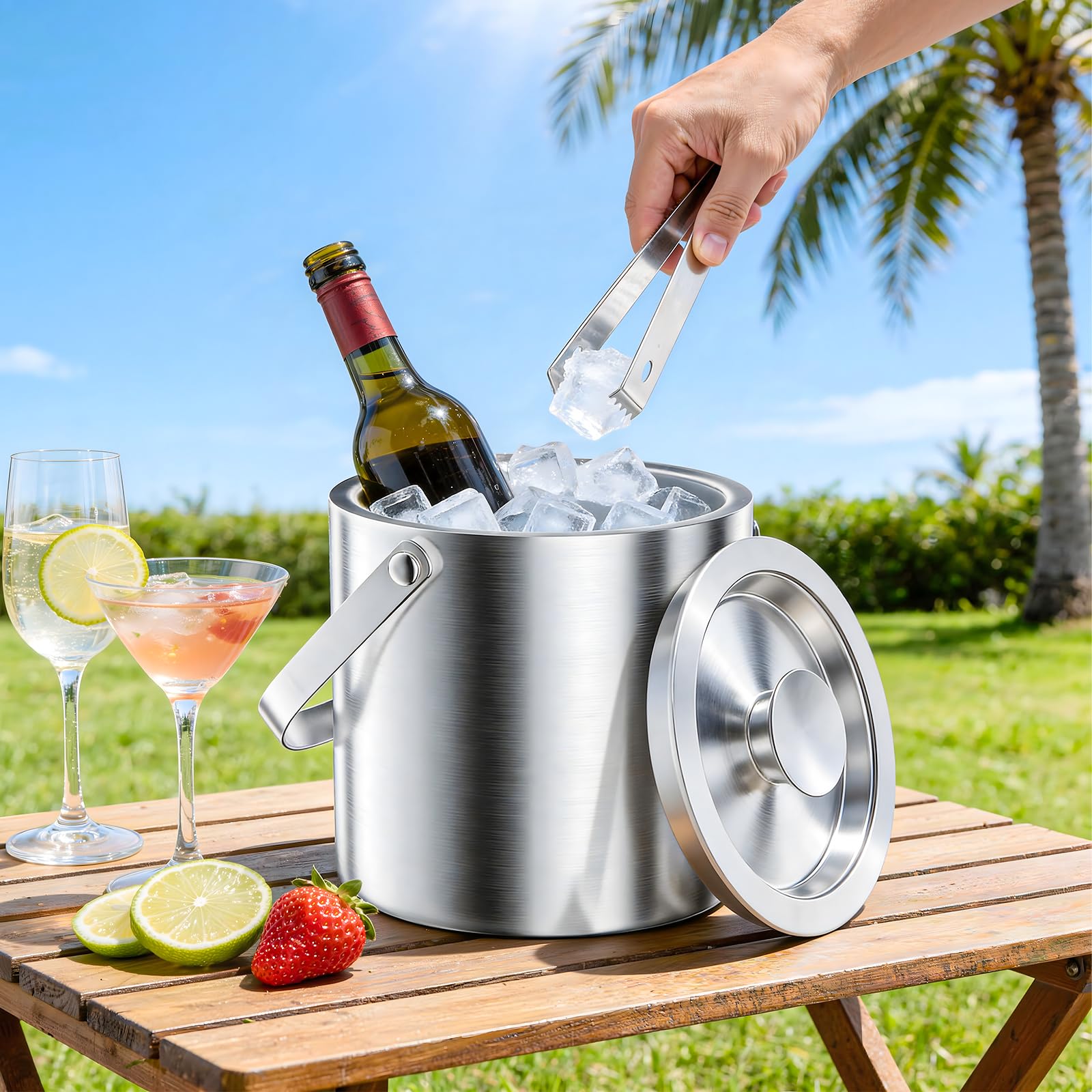 Secchiello per Ghiaccio 3L in Acciaio Inox a Doppia Parete, Set con Coperchio, Paletta e Pinze, Isolamento Termico, Ideale per Bar, Feste e Famiglie
