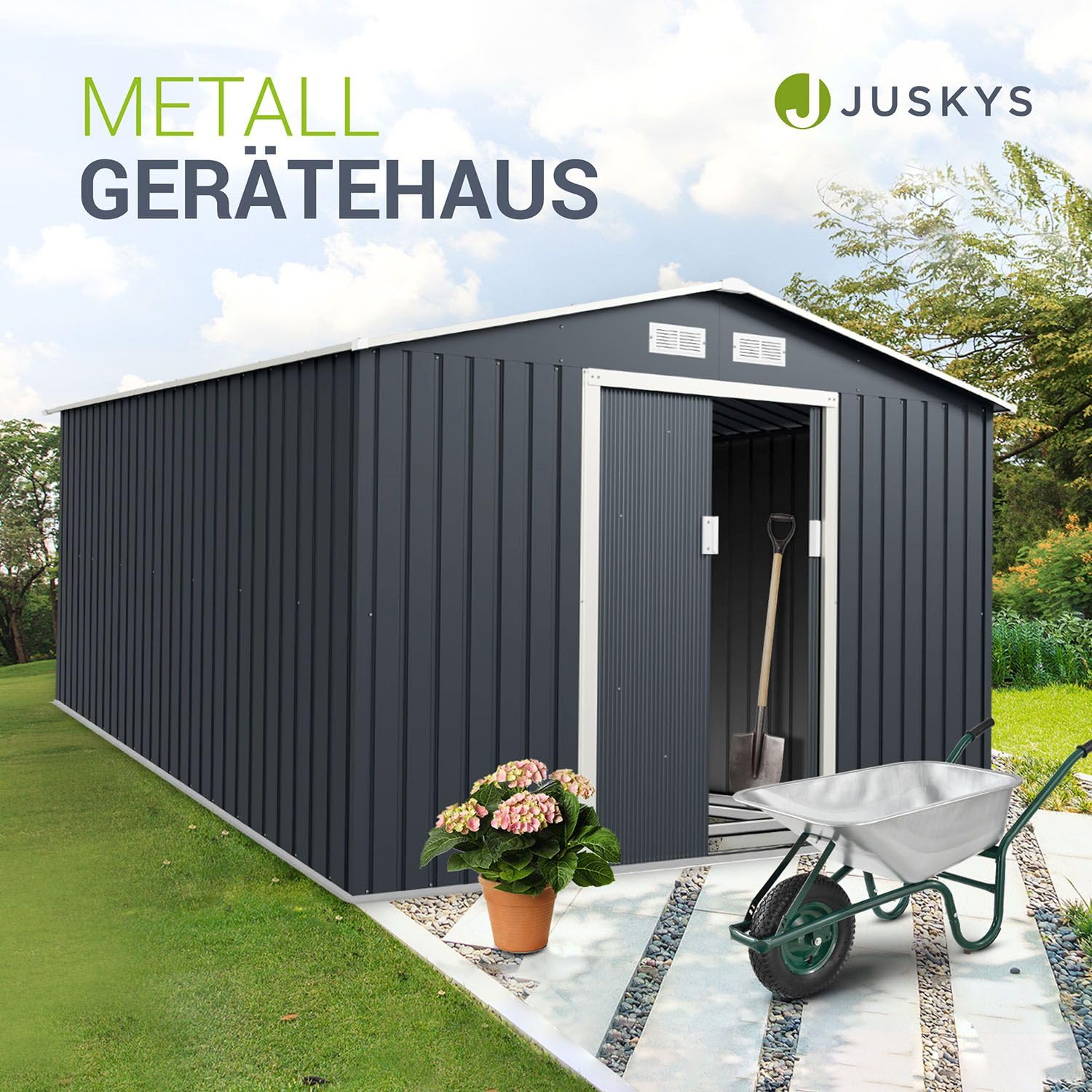 Juskys Metalowy domek na narzędzia XXL z dachem dwuspadowym, drzwiami przesuwnymi i fundamentem | 15 m³ | antracyt | szopa na narzędzia domek ogrodowy metalowy domek na narzędzia