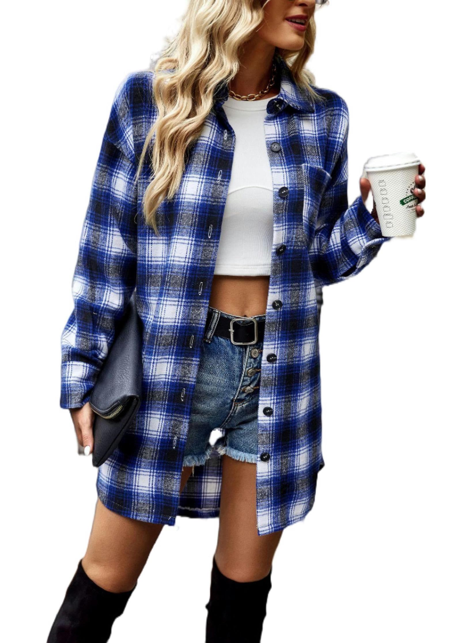 Camisa a Cuadros Larga, versátil, Informal, para Mujer, Color Negro, Talla S
